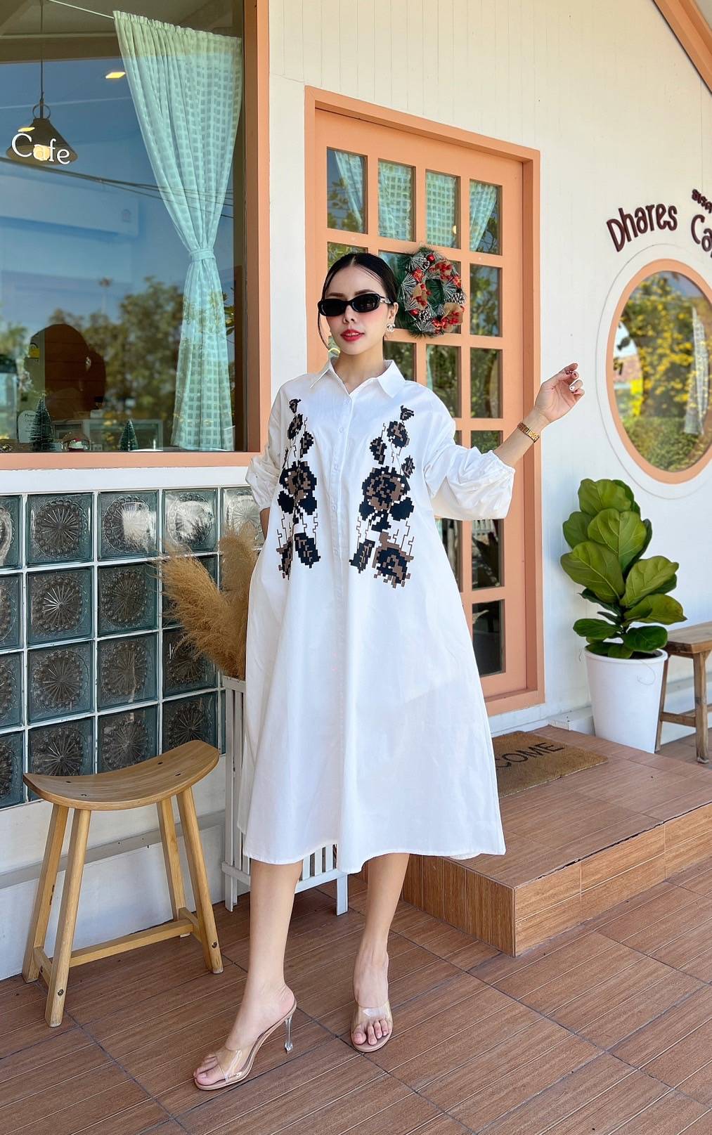 White 3D Patchwork Oversized Cotton Shirt Dress - Image 2