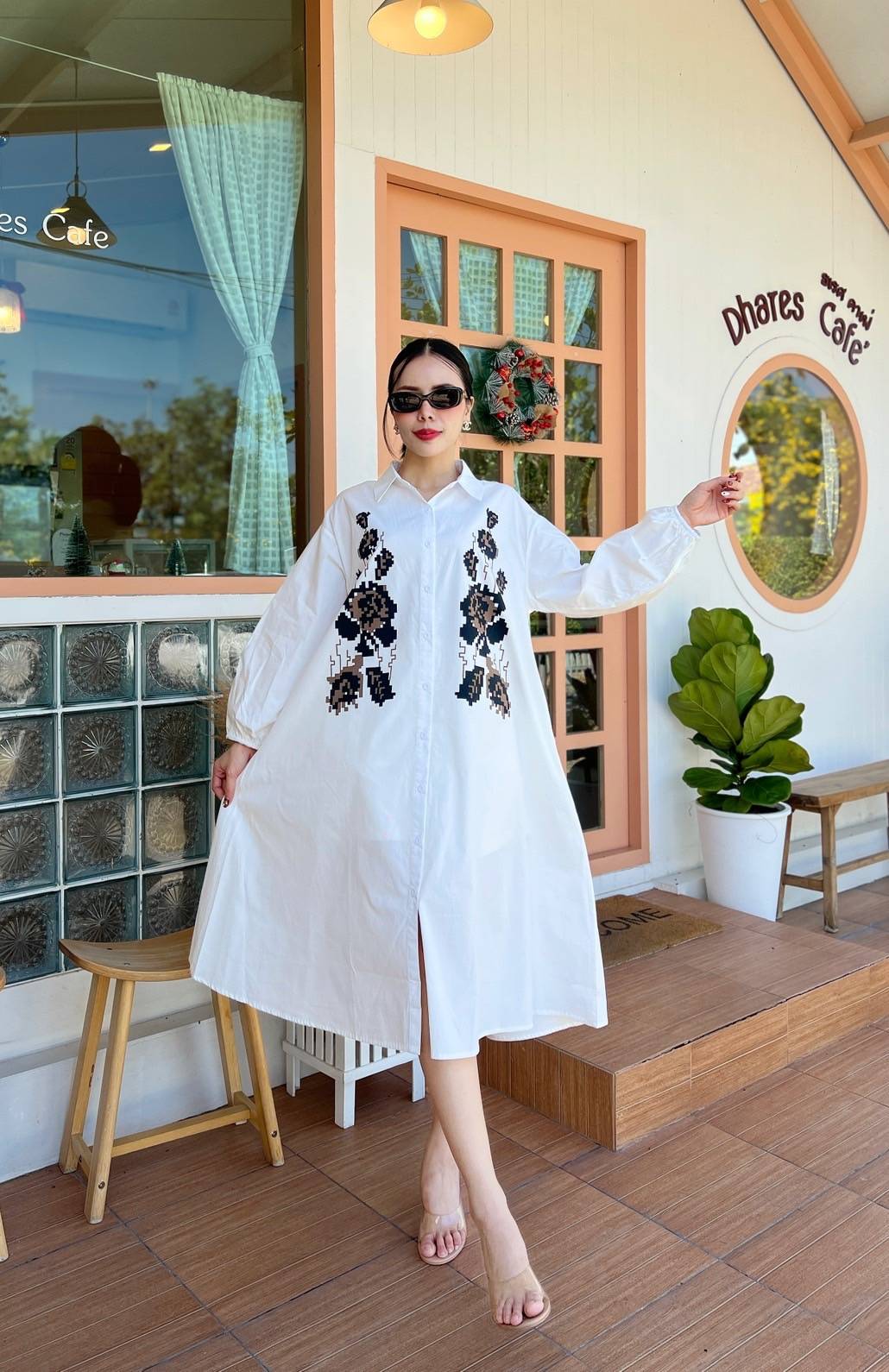 White 3D Patchwork Oversized Cotton Shirt Dress - Image 3