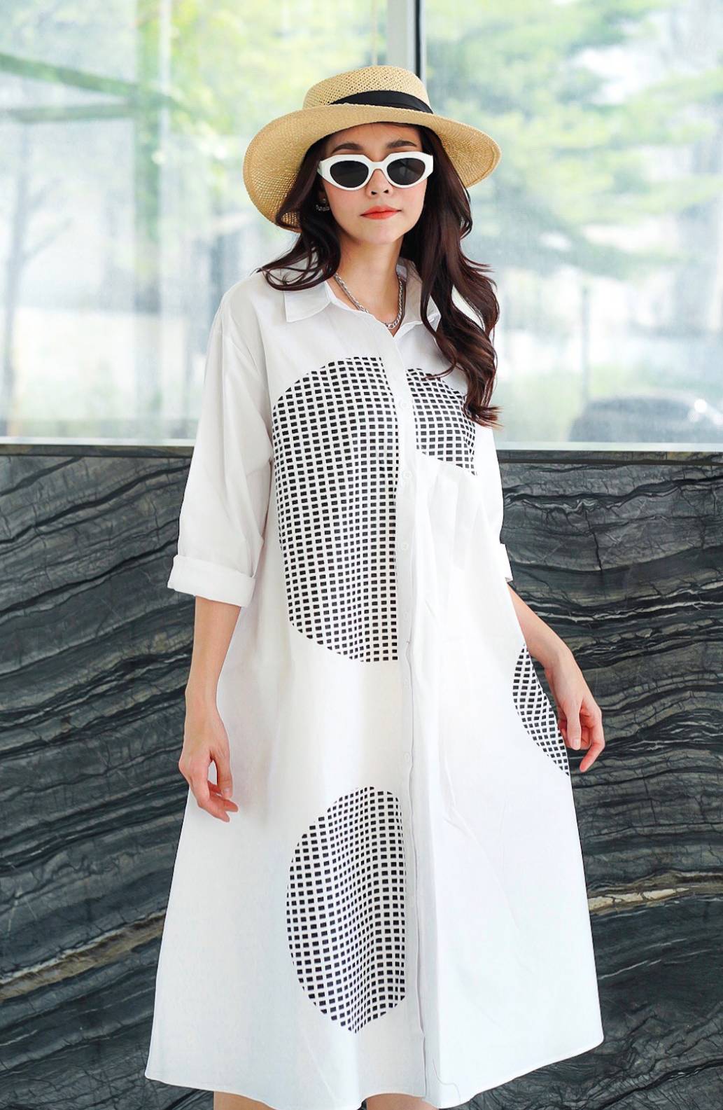 White Geometric Grid Monochrome Cotton Shirt Dress - Image 2