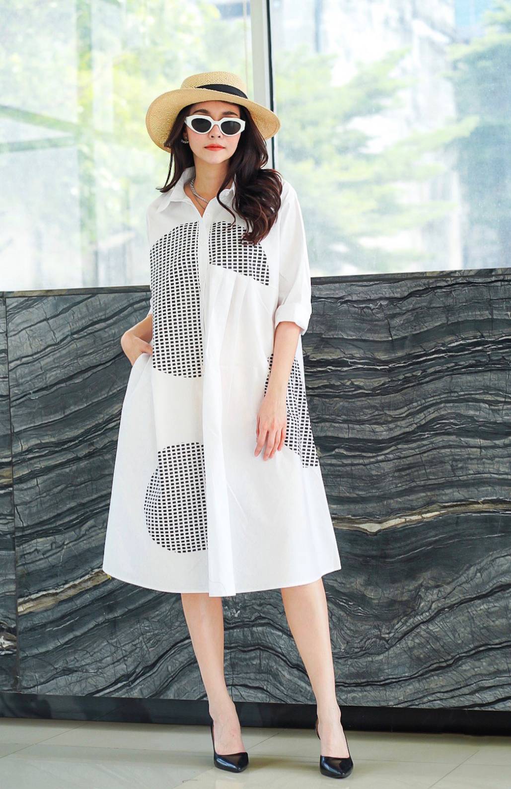 White Geometric Grid Monochrome Cotton Shirt Dress - Image 3