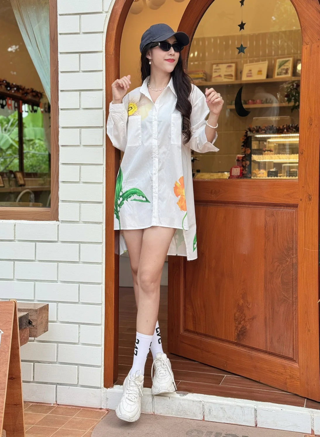 White Botanical Printed Cotton Shirt Dress