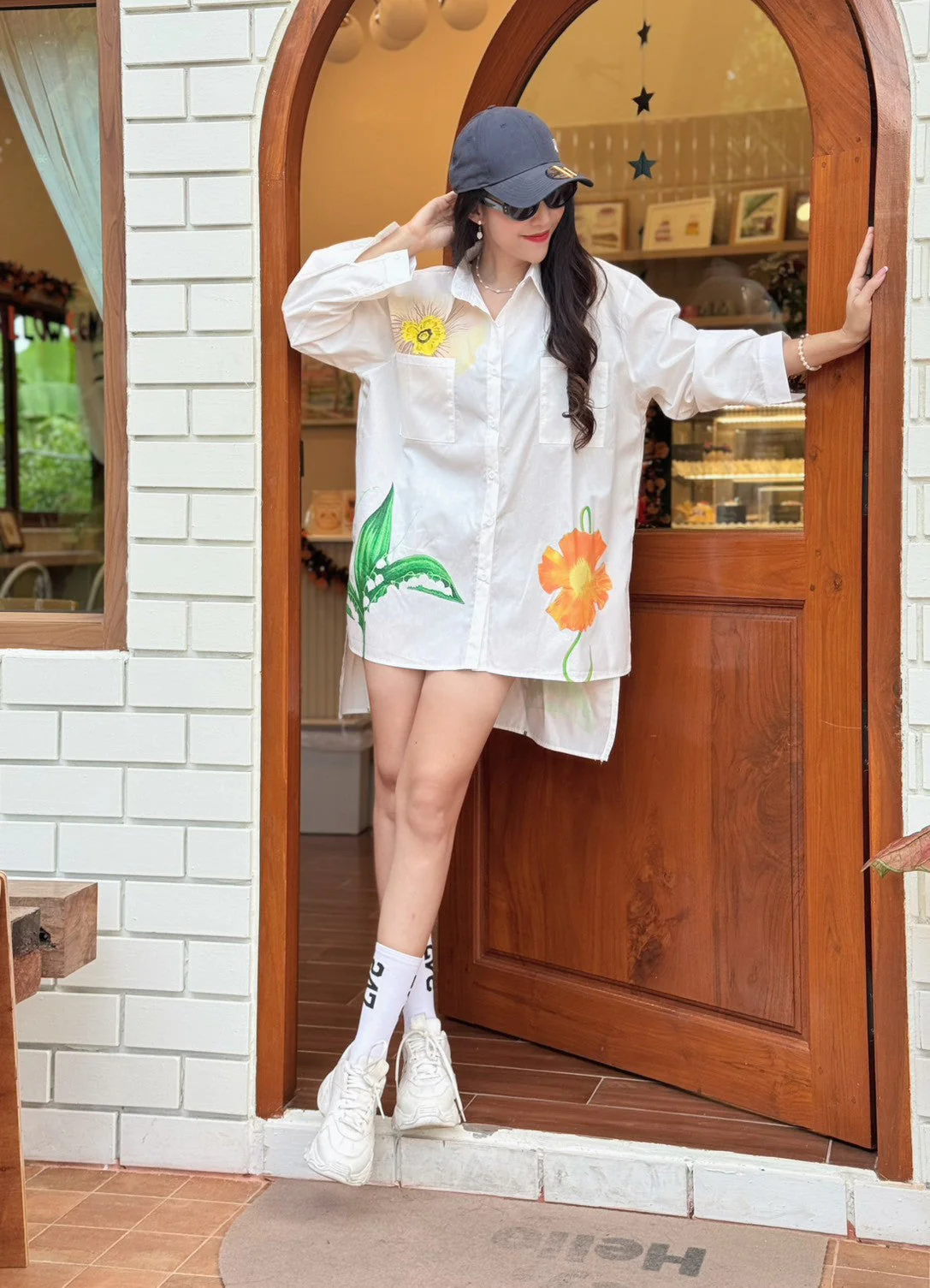 White Botanical Printed Cotton Shirt Dress - Image 3