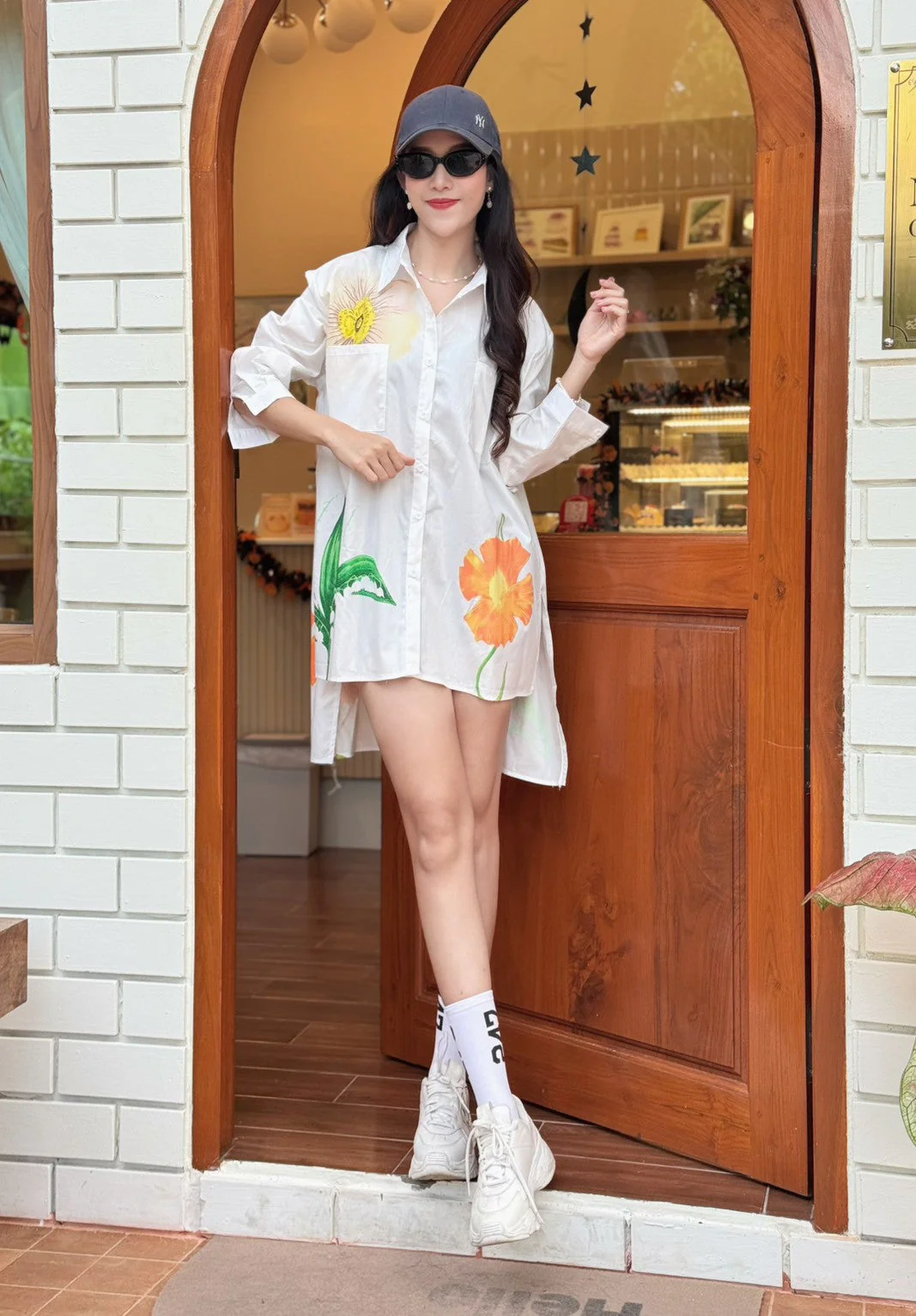White Botanical Printed Cotton Shirt Dress - Image 5