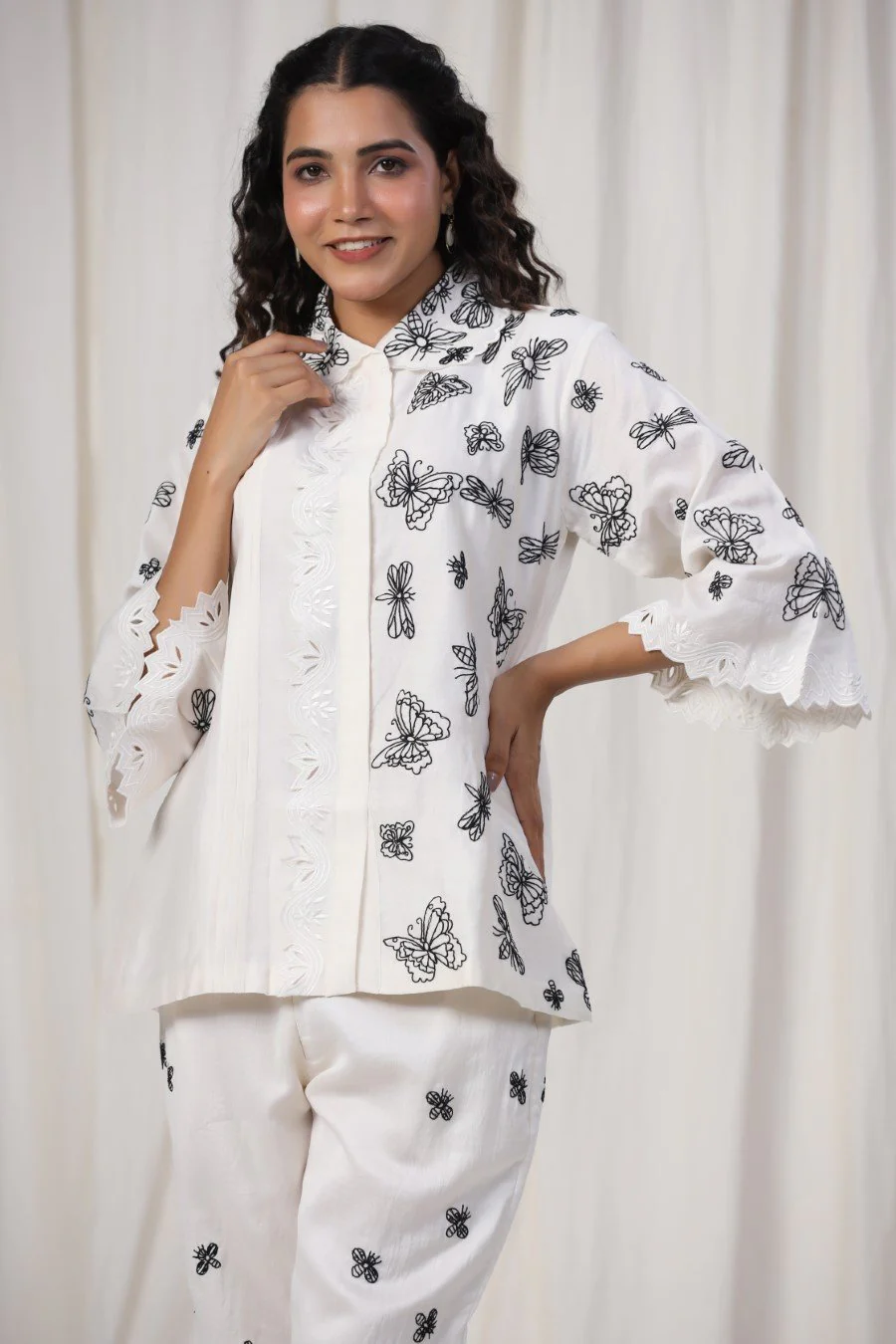 White Butterfly Embroidered Lotus Silk Co-ord Set - Image 2