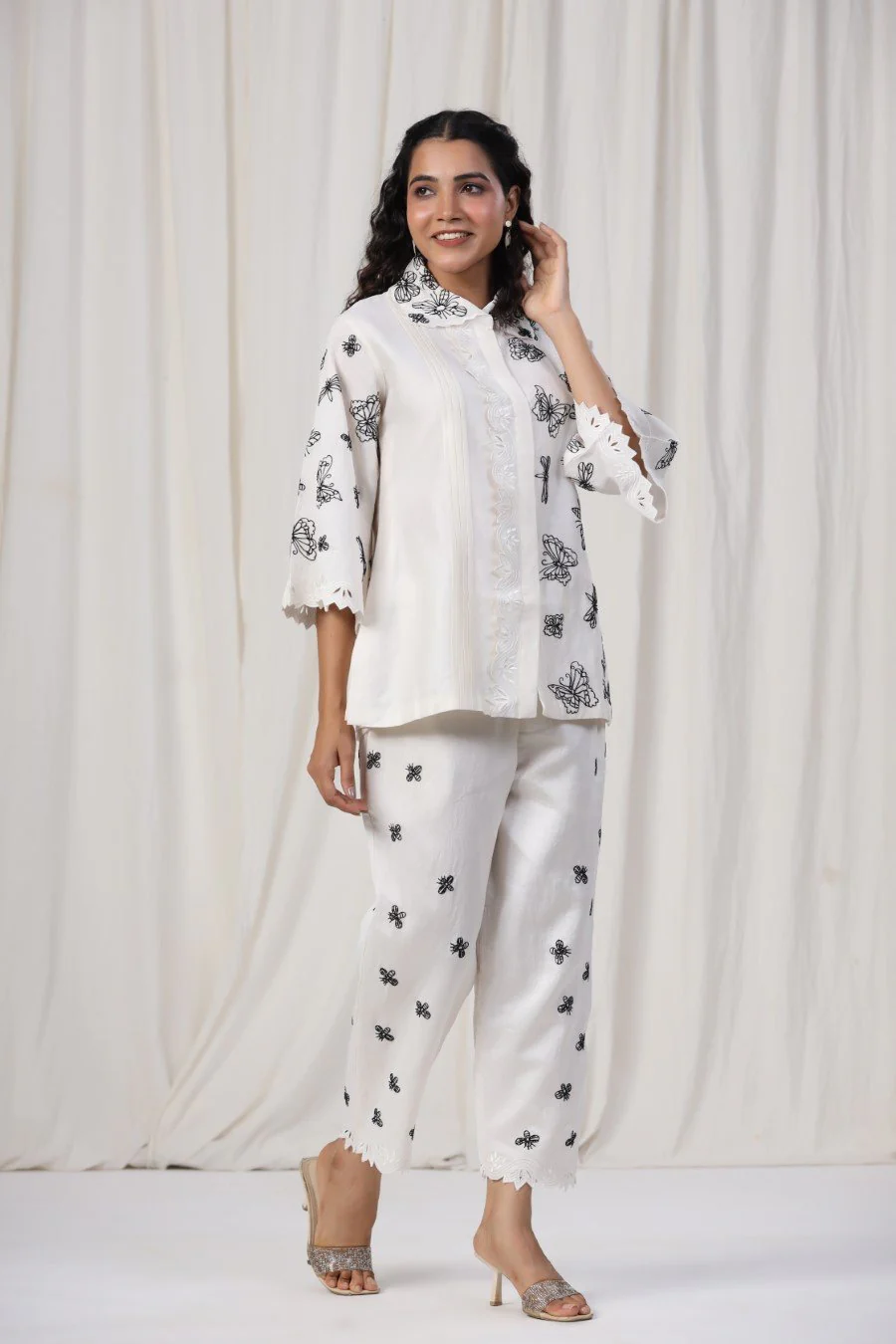 White Butterfly Embroidered Lotus Silk Co-ord Set - Image 3