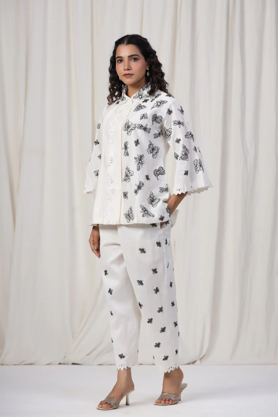 White Butterfly Embroidered Lotus Silk Co-ord Set - Image 4
