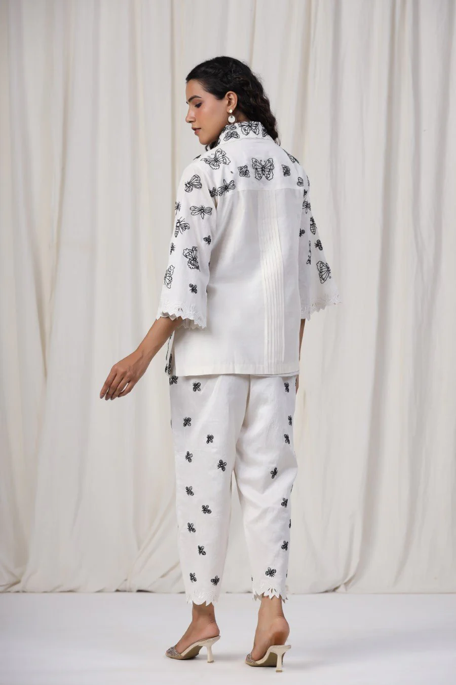 White Butterfly Embroidered Lotus Silk Co-ord Set - Image 5