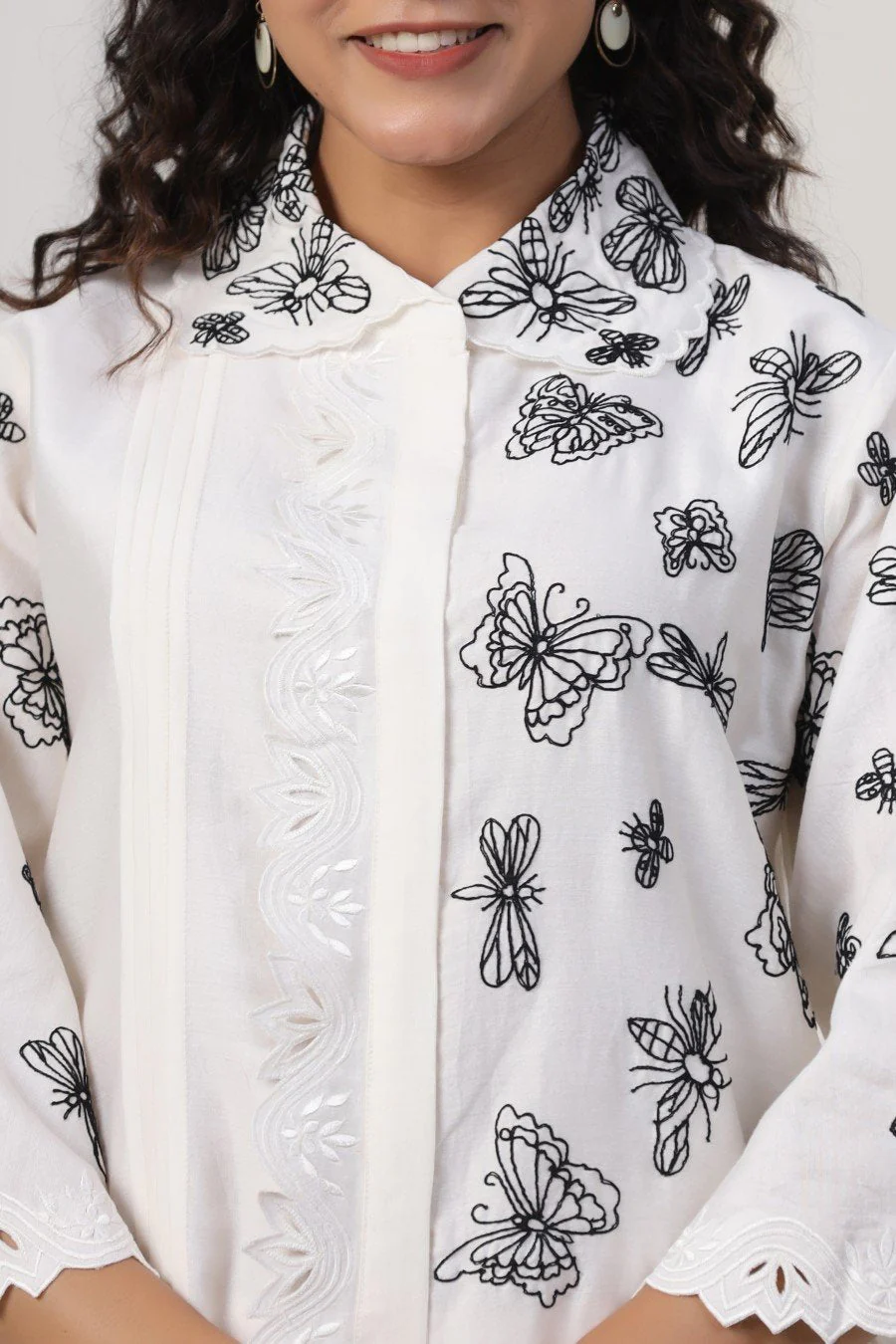 White Butterfly Embroidered Lotus Silk Co-ord Set - Image 6