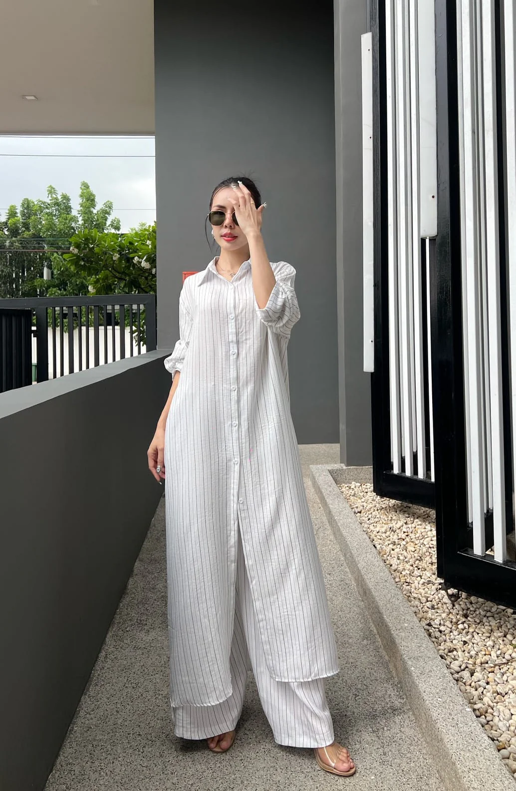 Crisp White Printed Cotton Longline Co-ord Set - Image 2