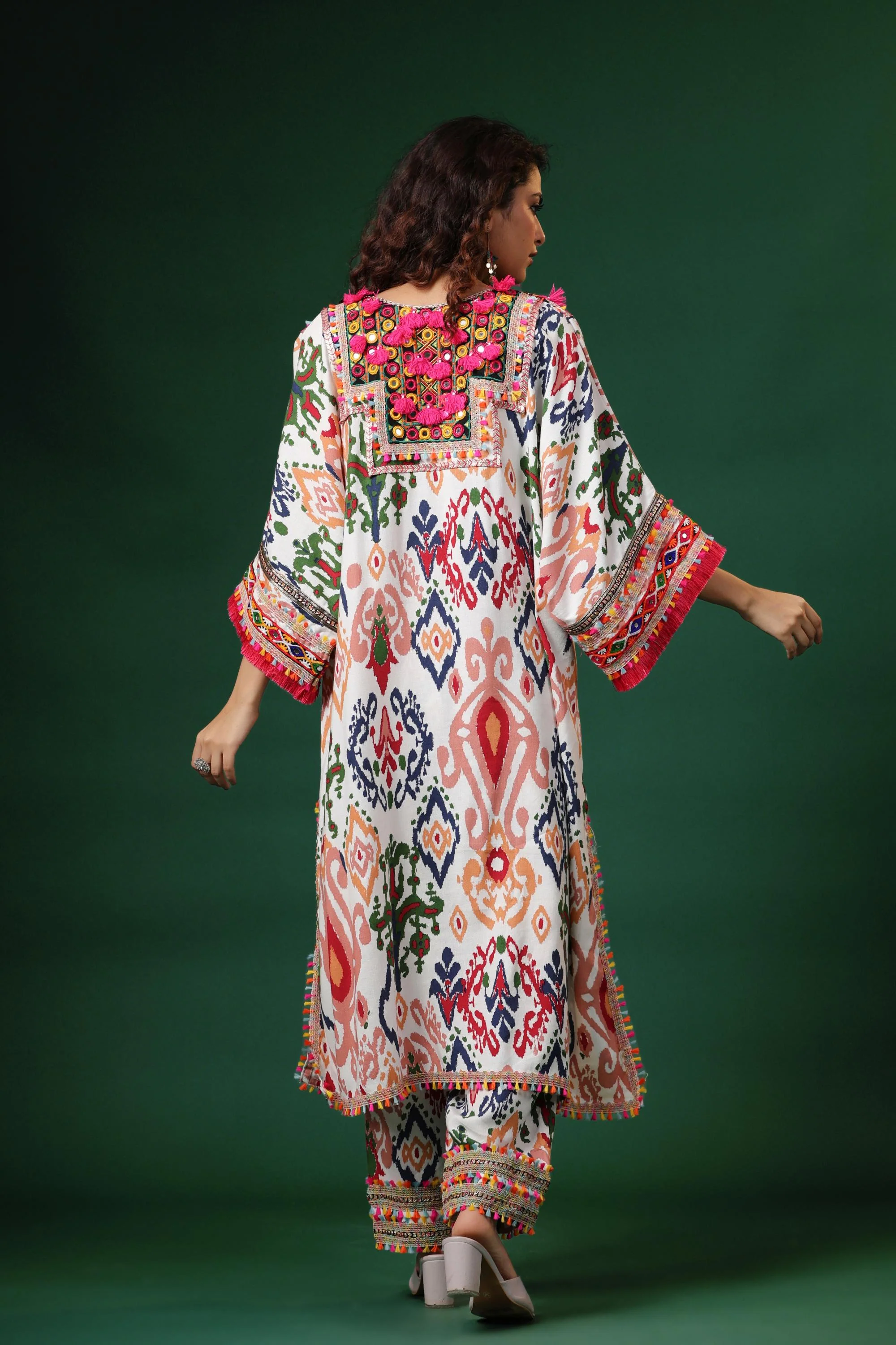 White Digital Printed Belgium Linen Kurta & Pants Set - Image 5