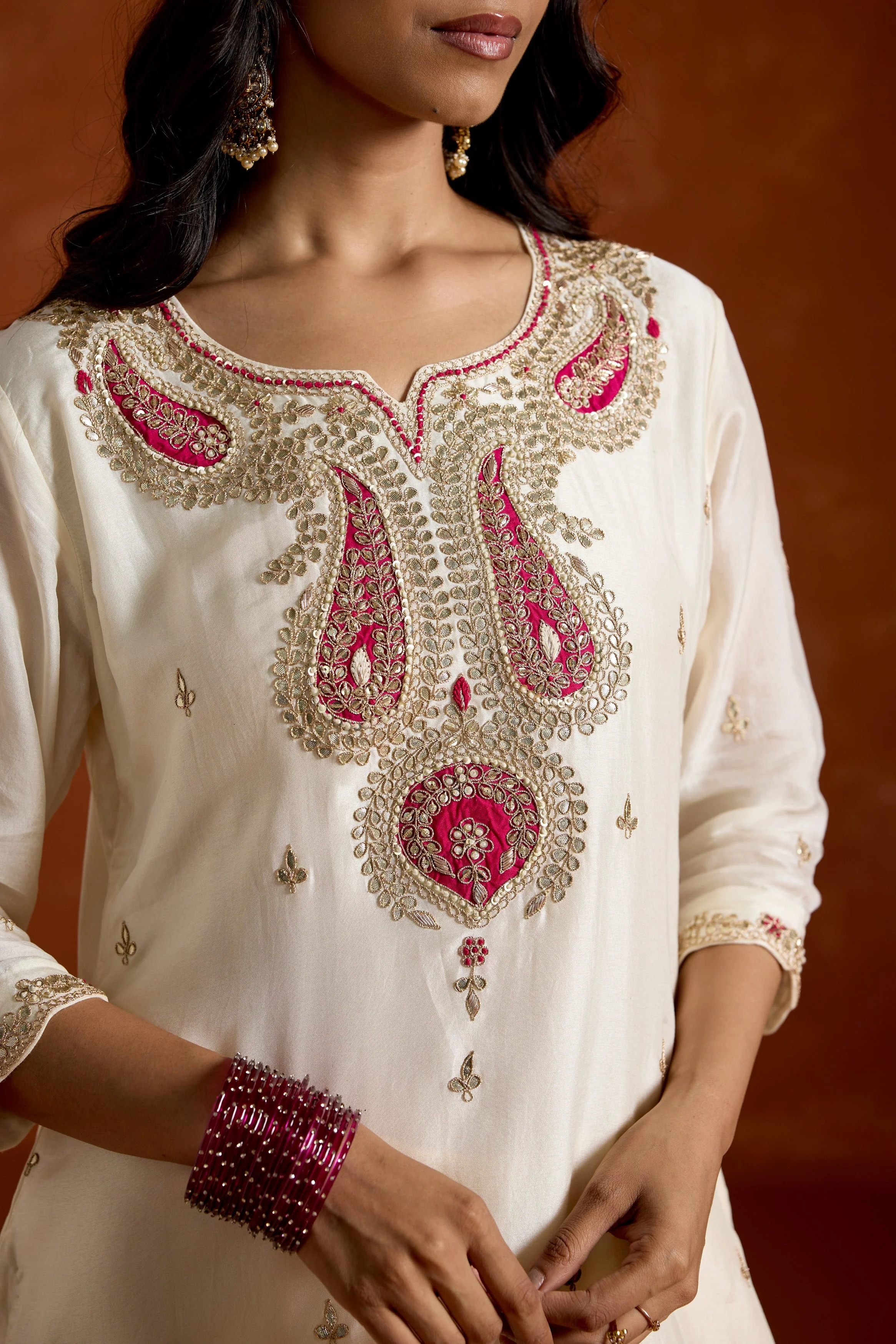 Ivory White Embellished Chinon Silk Palazzo Set - Image 2