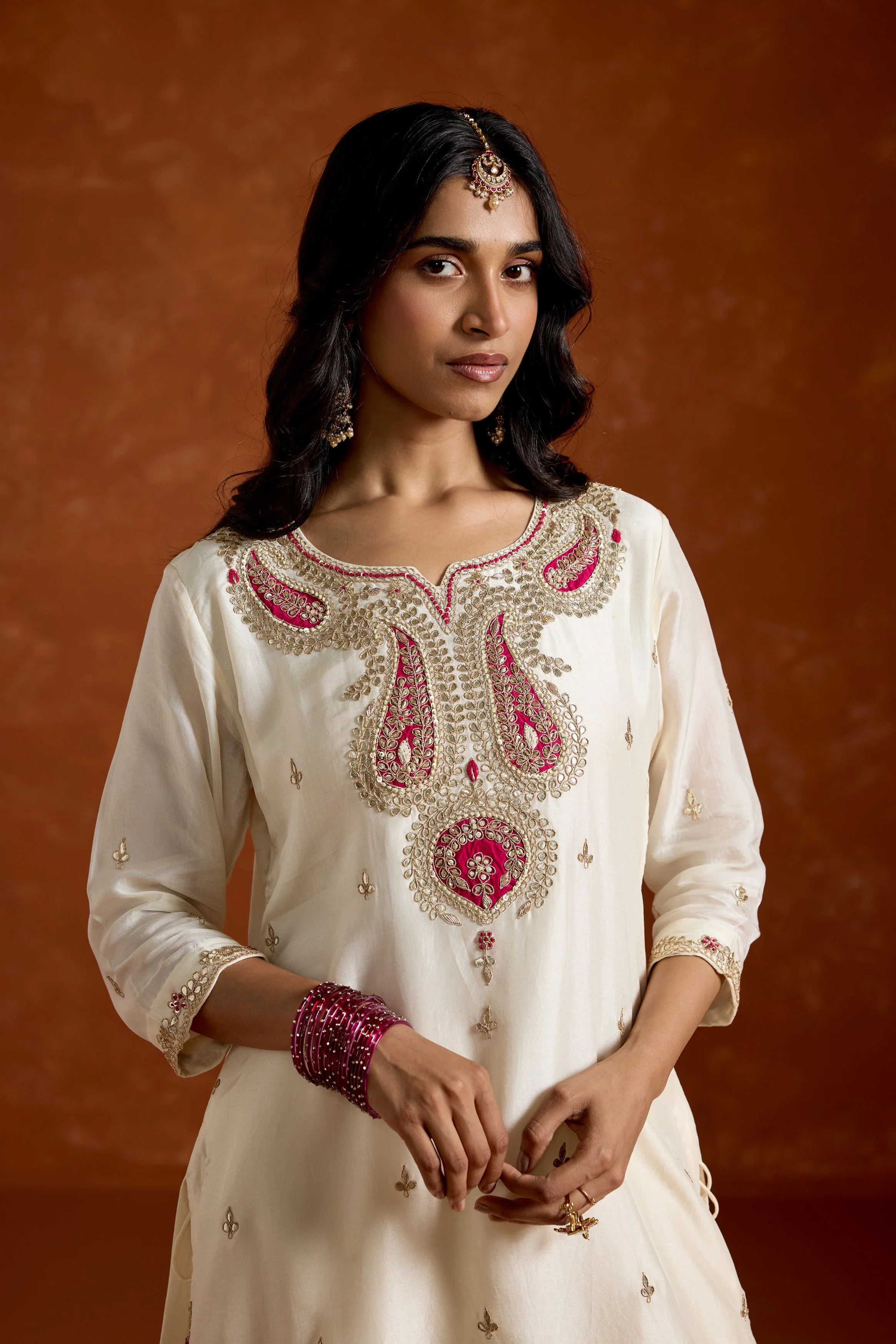 Ivory White Embellished Chinon Silk Palazzo Set - Image 3