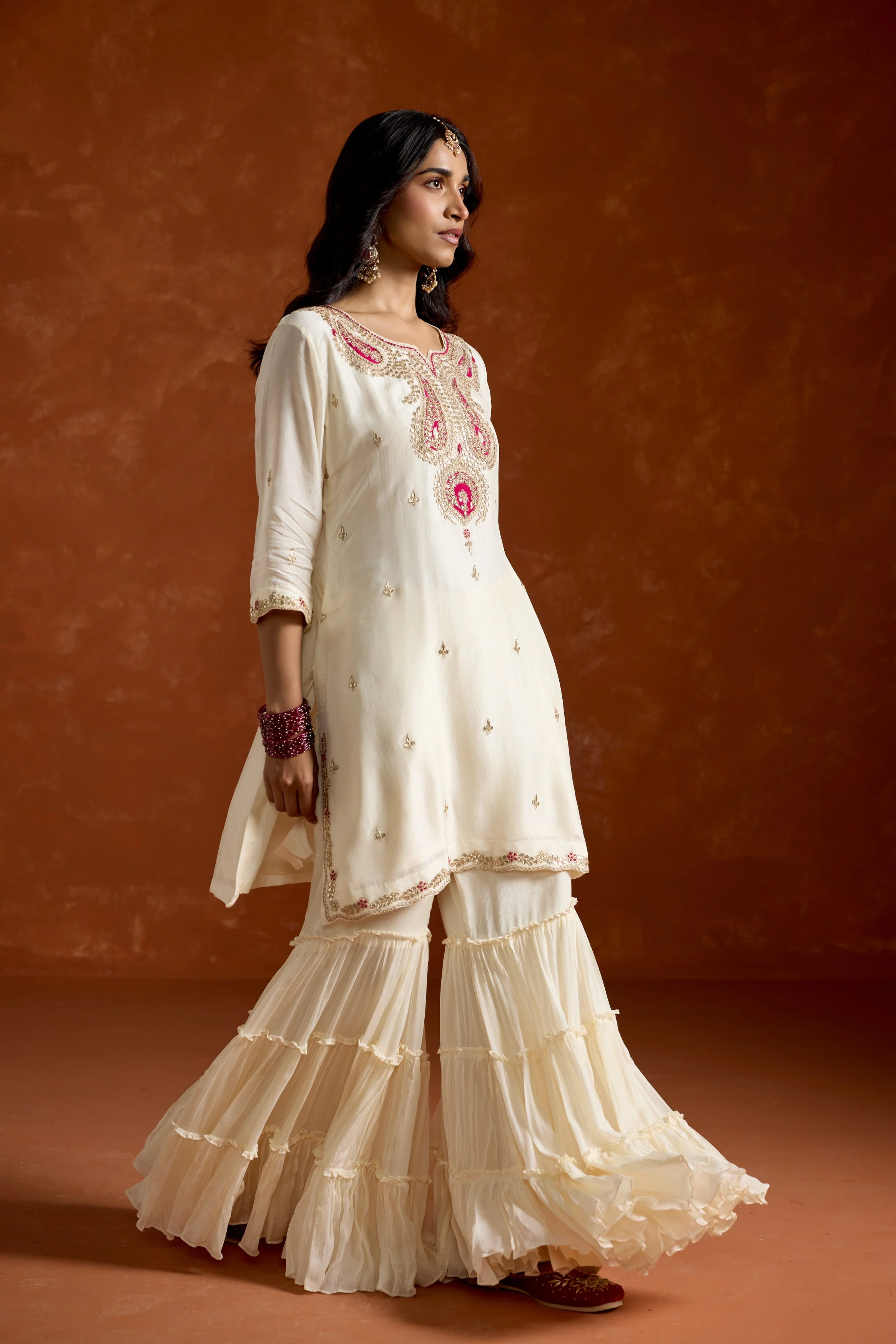 Ivory White Embellished Chinon Silk Palazzo Set - Image 4