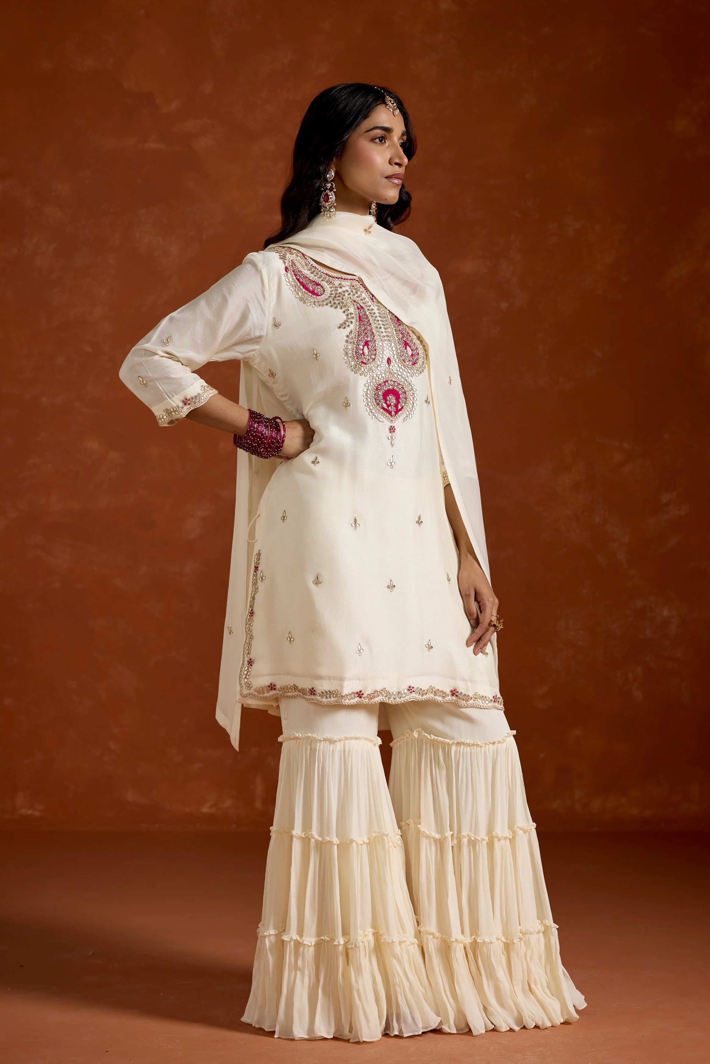 Ivory White Embellished Chinon Silk Palazzo Set - Image 5