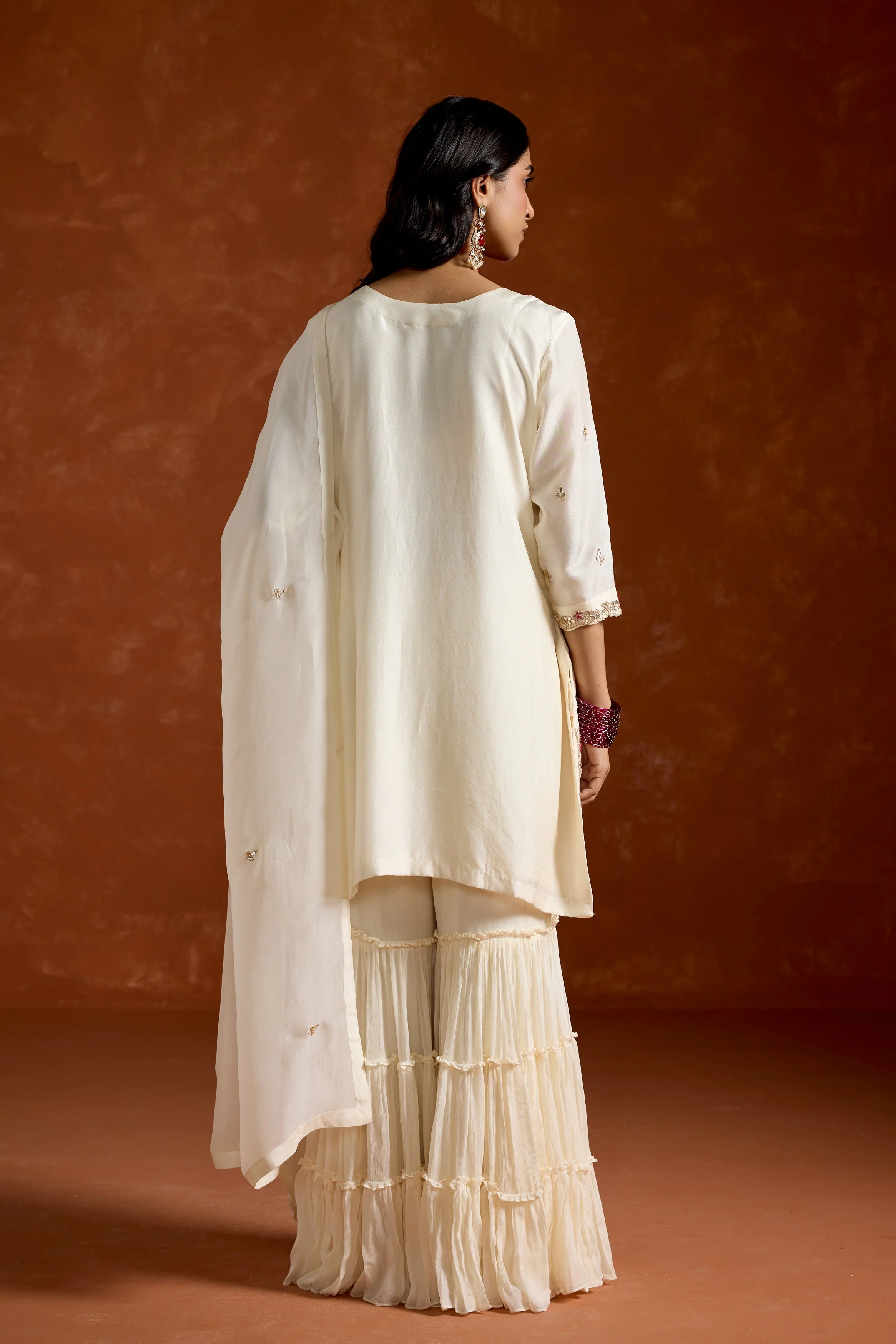 Ivory White Embellished Chinon Silk Palazzo Set - Image 6