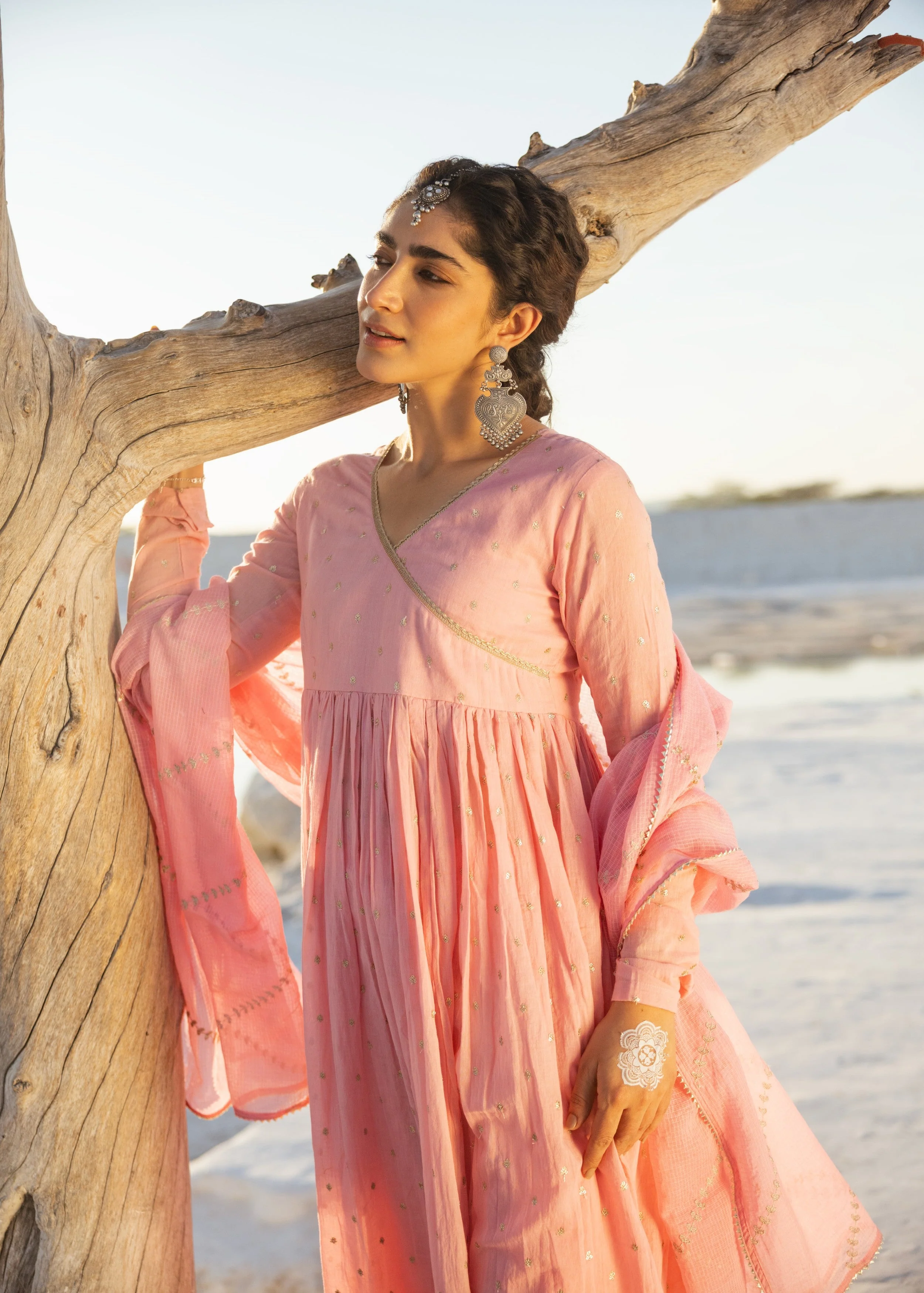Rose Pink Embellished Mul Cotton Anarkali Set - Image 2