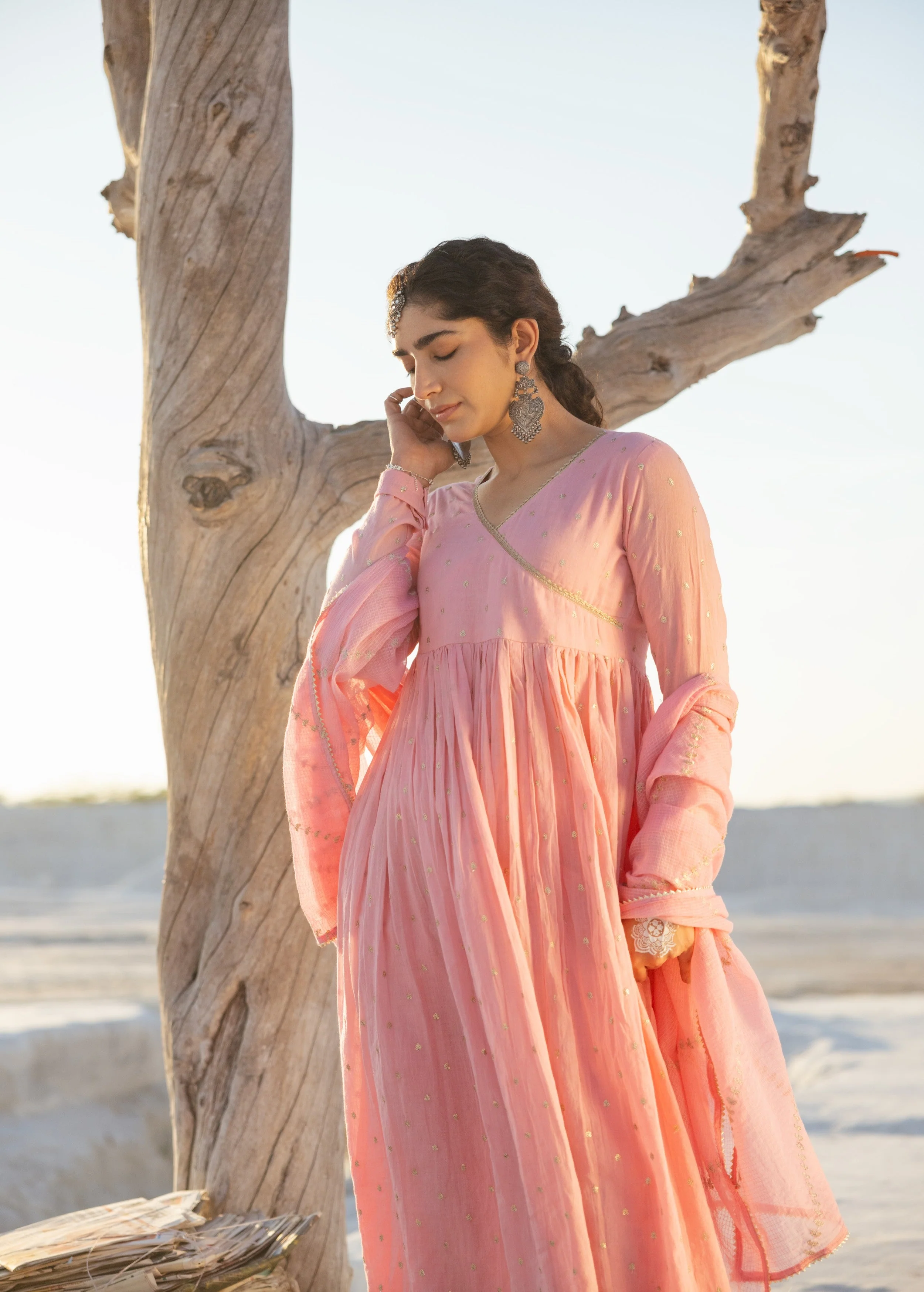 Rose Pink Embellished Mul Cotton Anarkali Set - Image 3