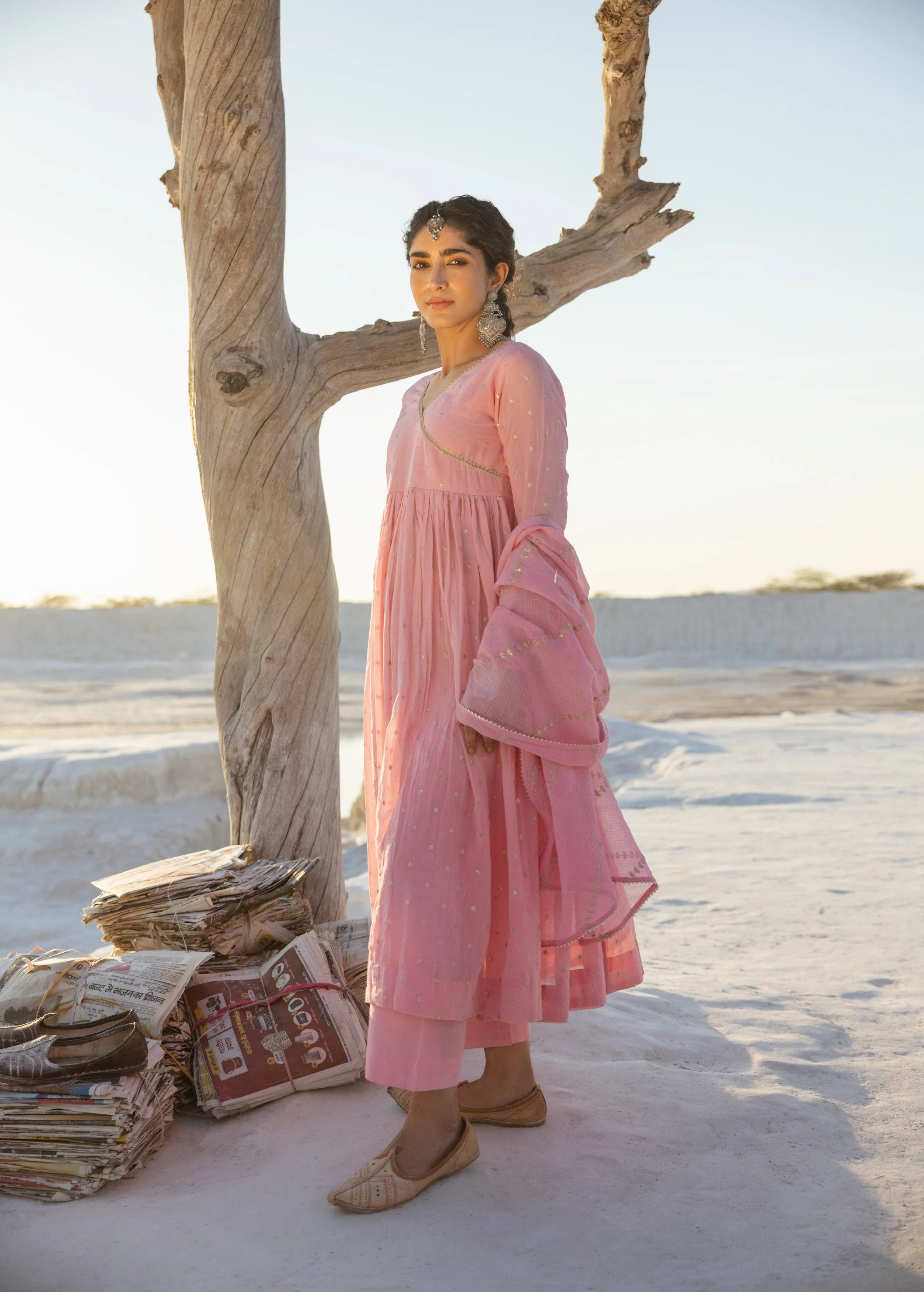 Rose Pink Embellished Mul Cotton Anarkali Set - Image 4
