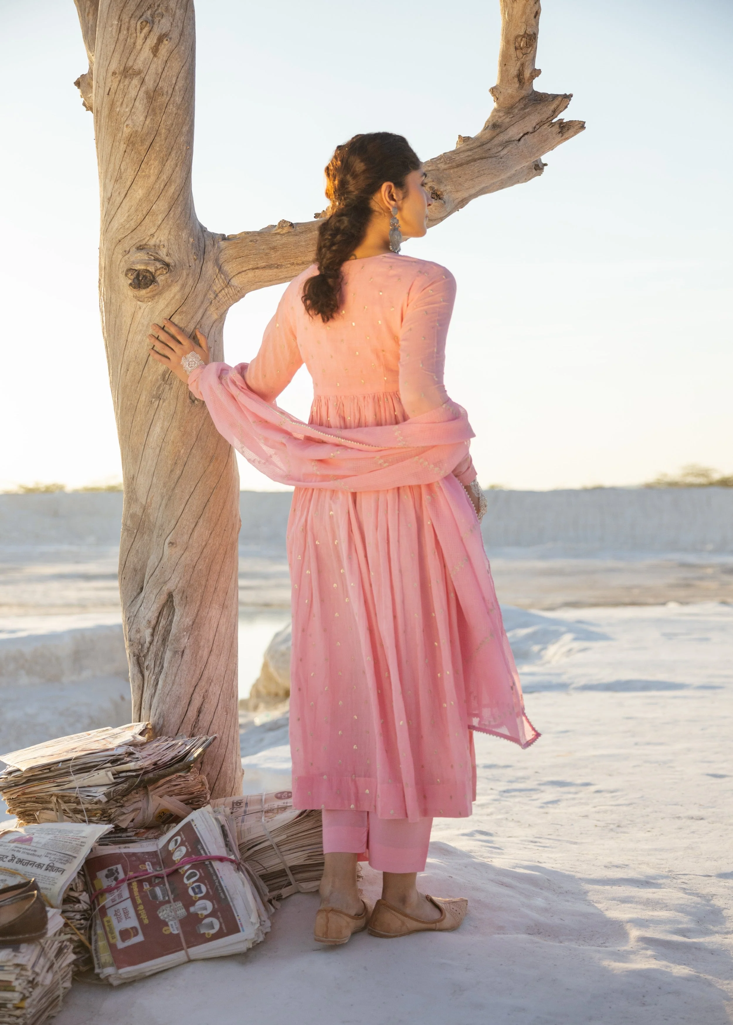 Rose Pink Embellished Mul Cotton Anarkali Set - Image 5