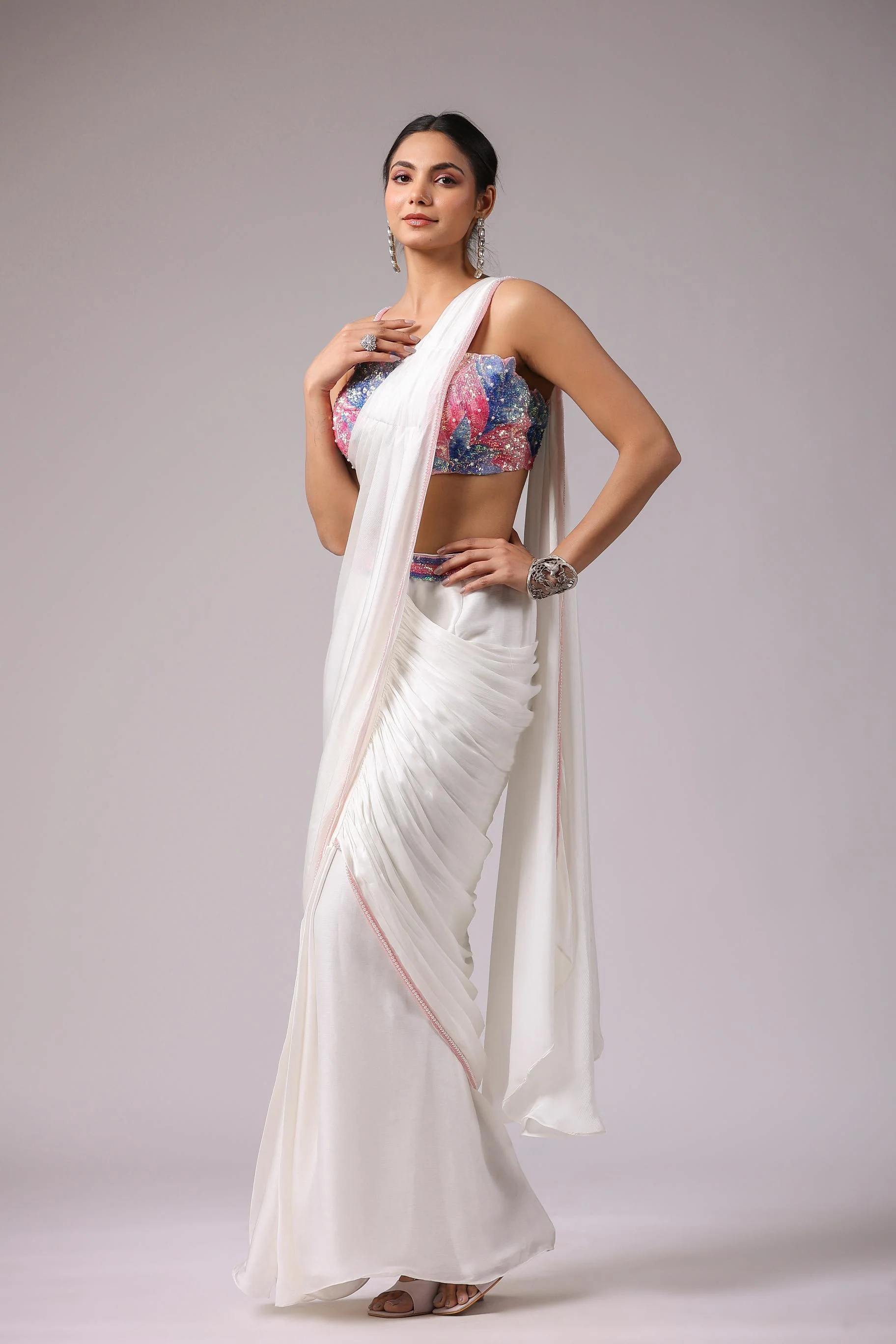 White Embellished Premium Chinon Silk Draped Saree - Image 3