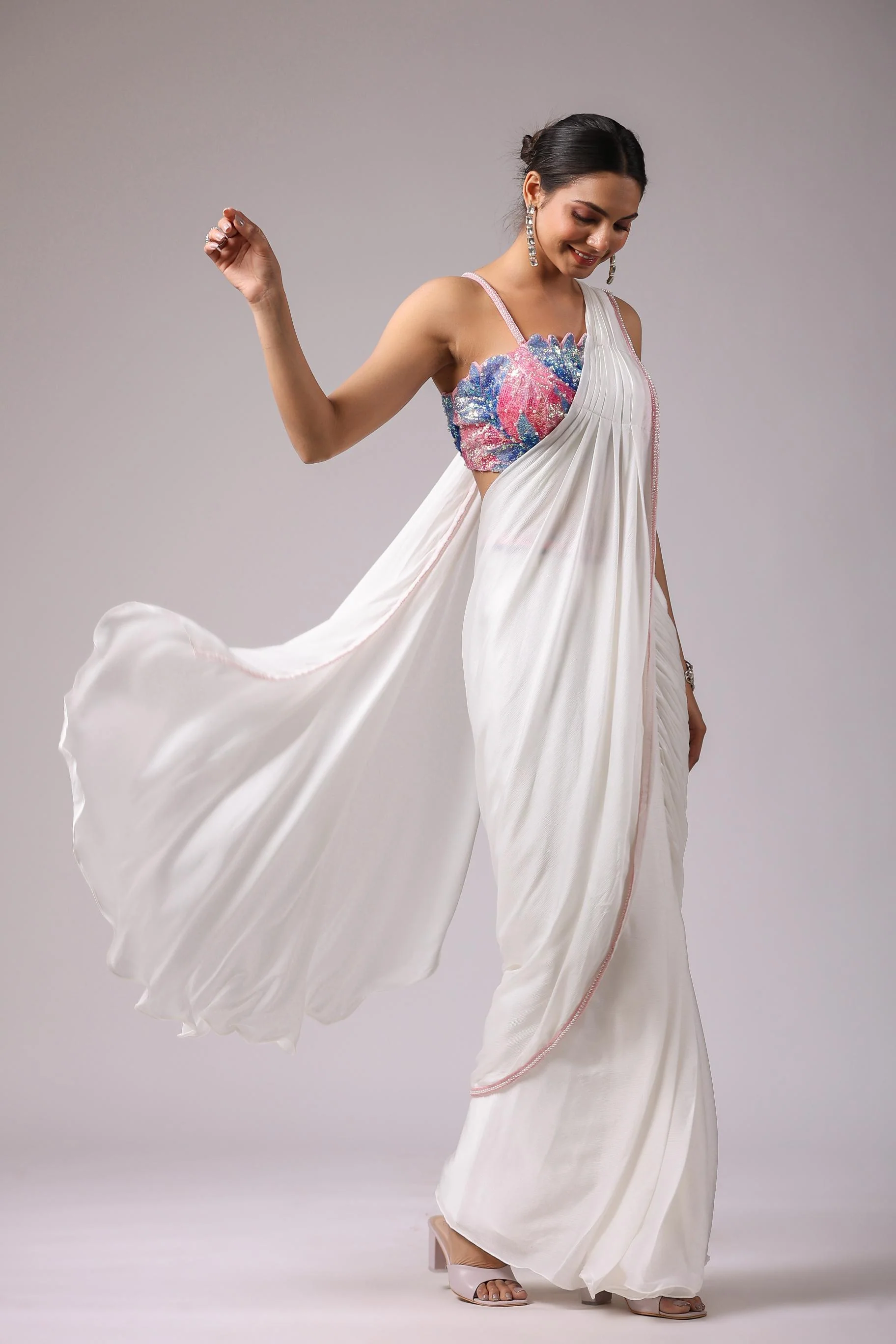 White Embellished Premium Chinon Silk Draped Saree - Image 4