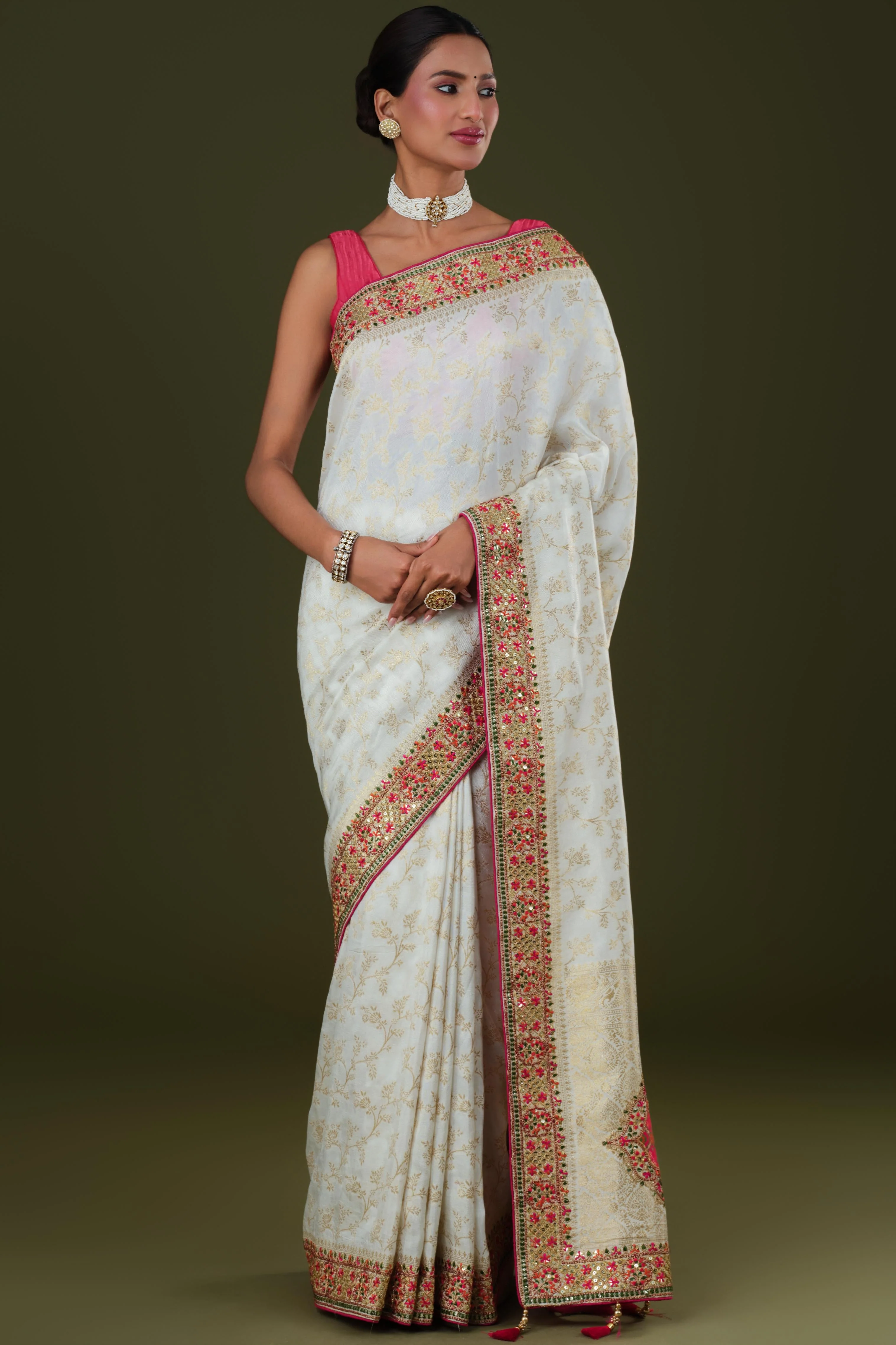 White Embroidered Banarasi Dola Silk Saree - Image 2
