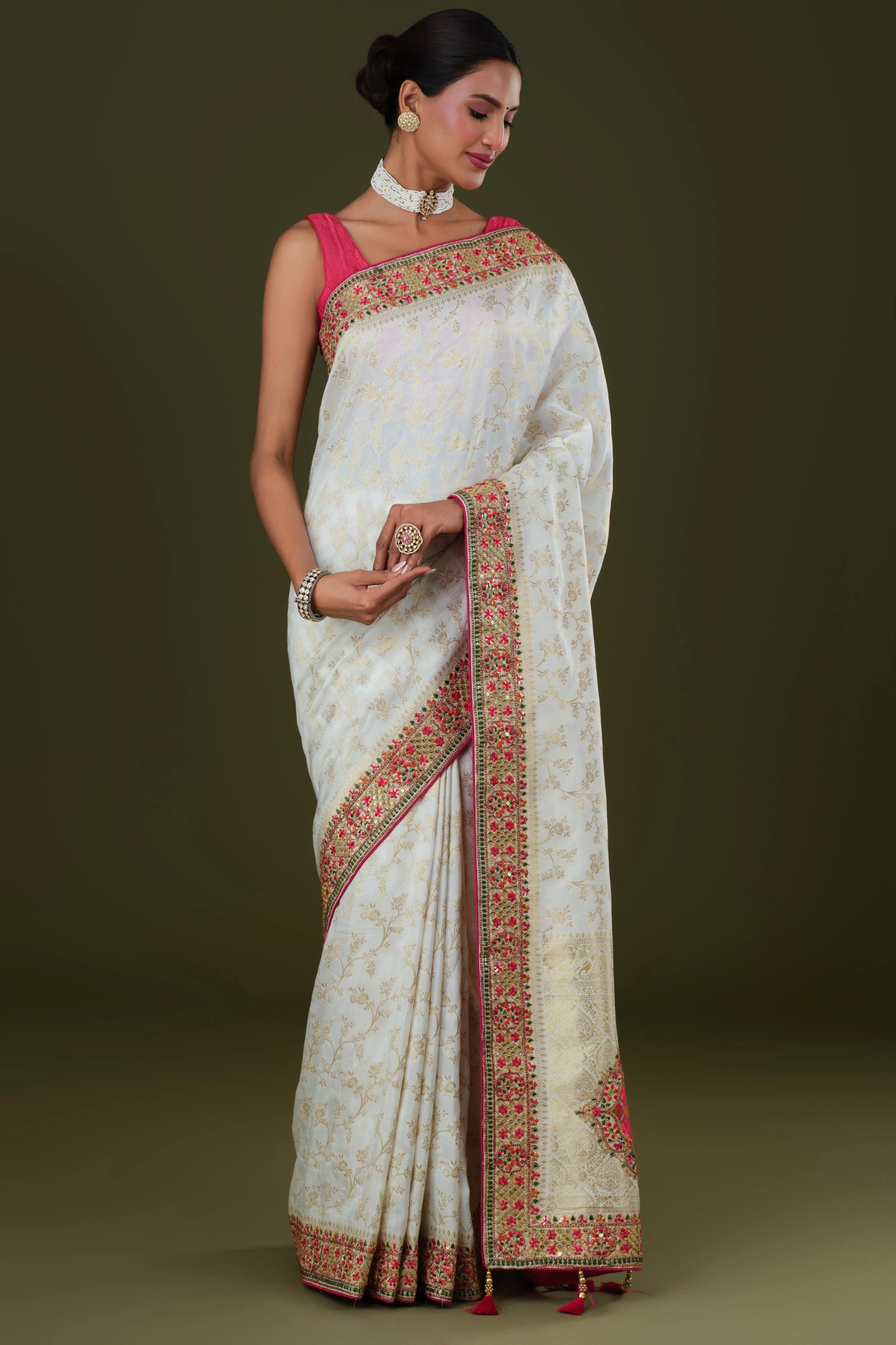 White Embroidered Banarasi Dola Silk Saree - Image 3