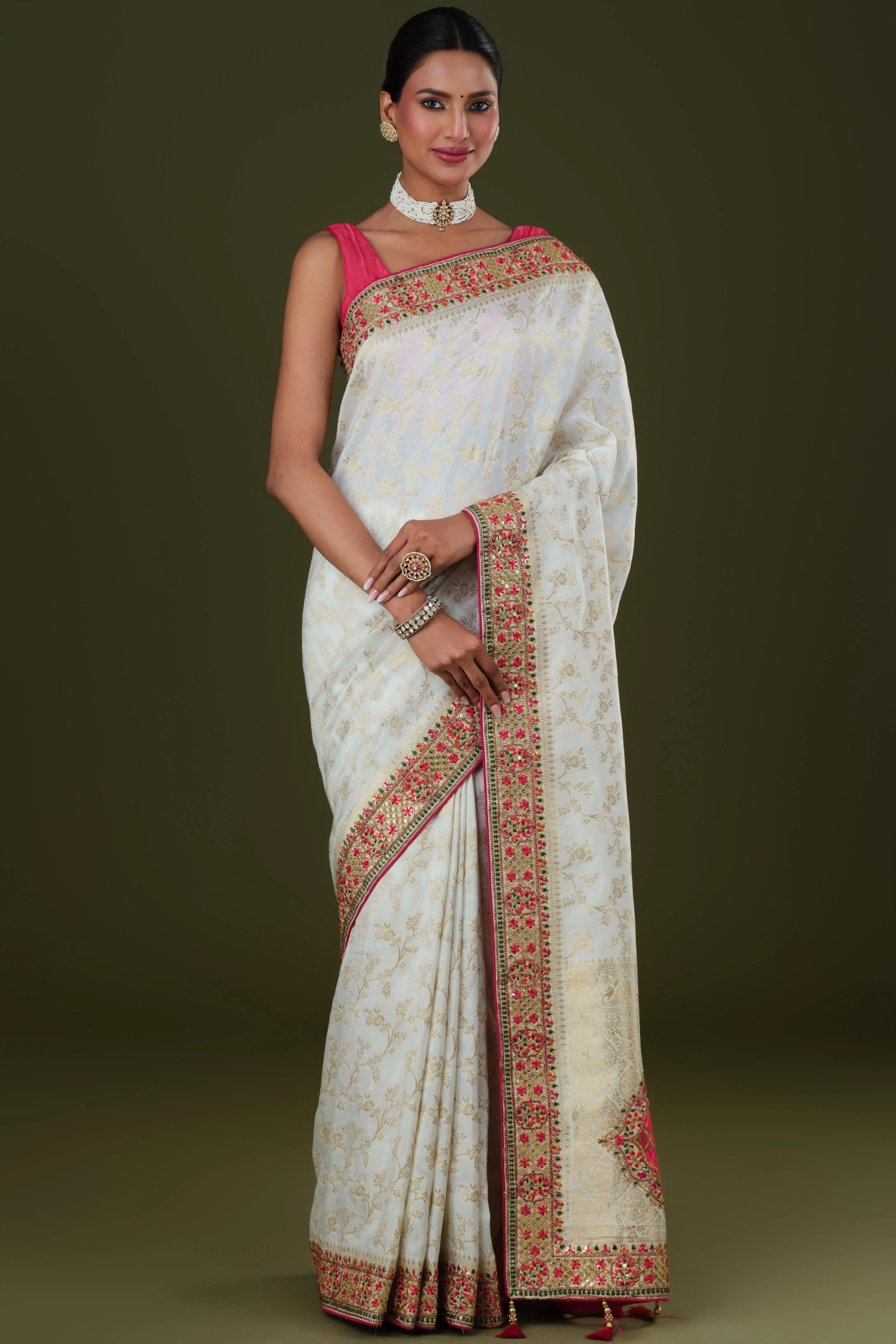 White Embroidered Banarasi Dola Silk Saree - Image 4