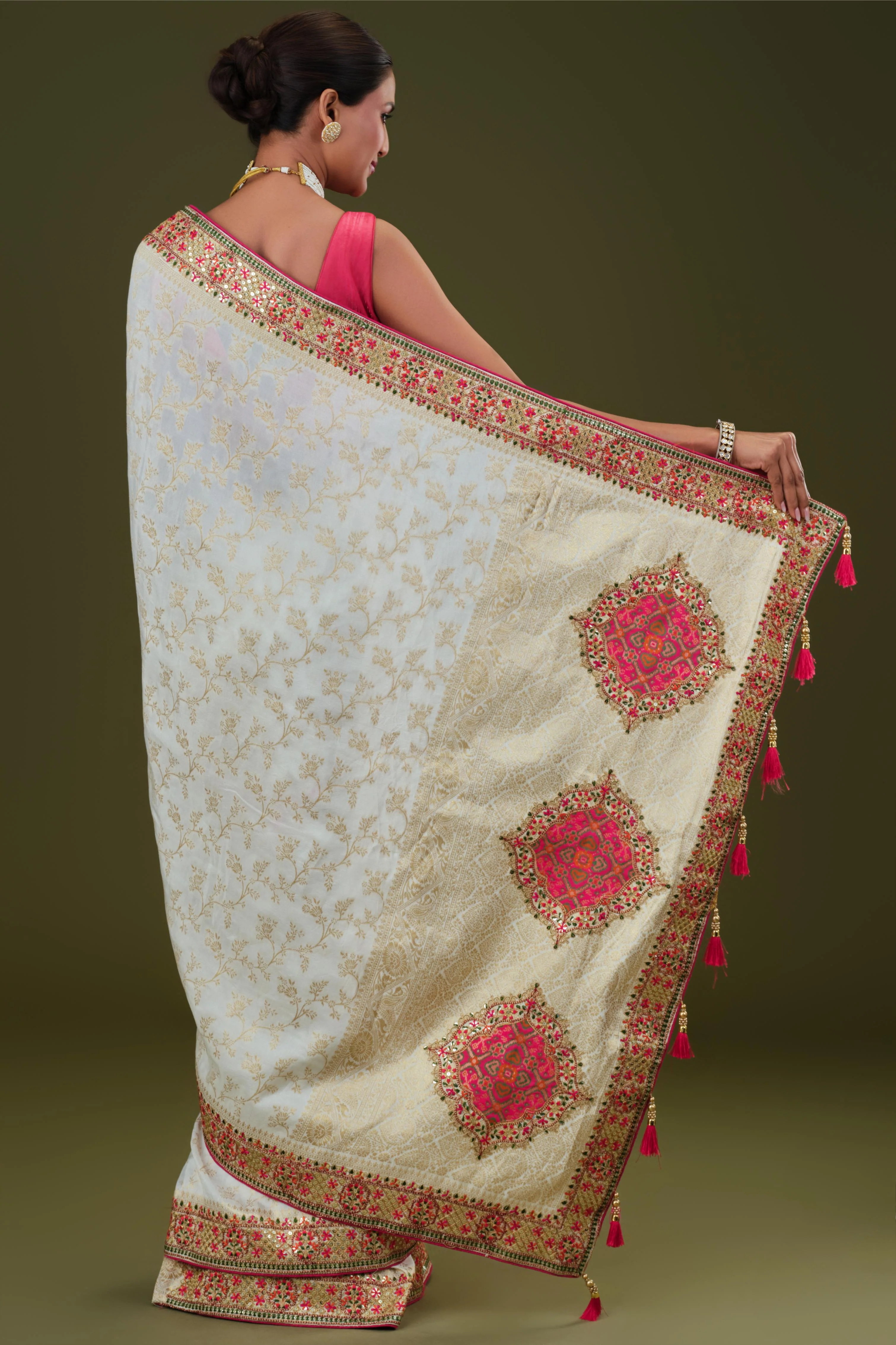 White Embroidered Banarasi Dola Silk Saree - Image 6