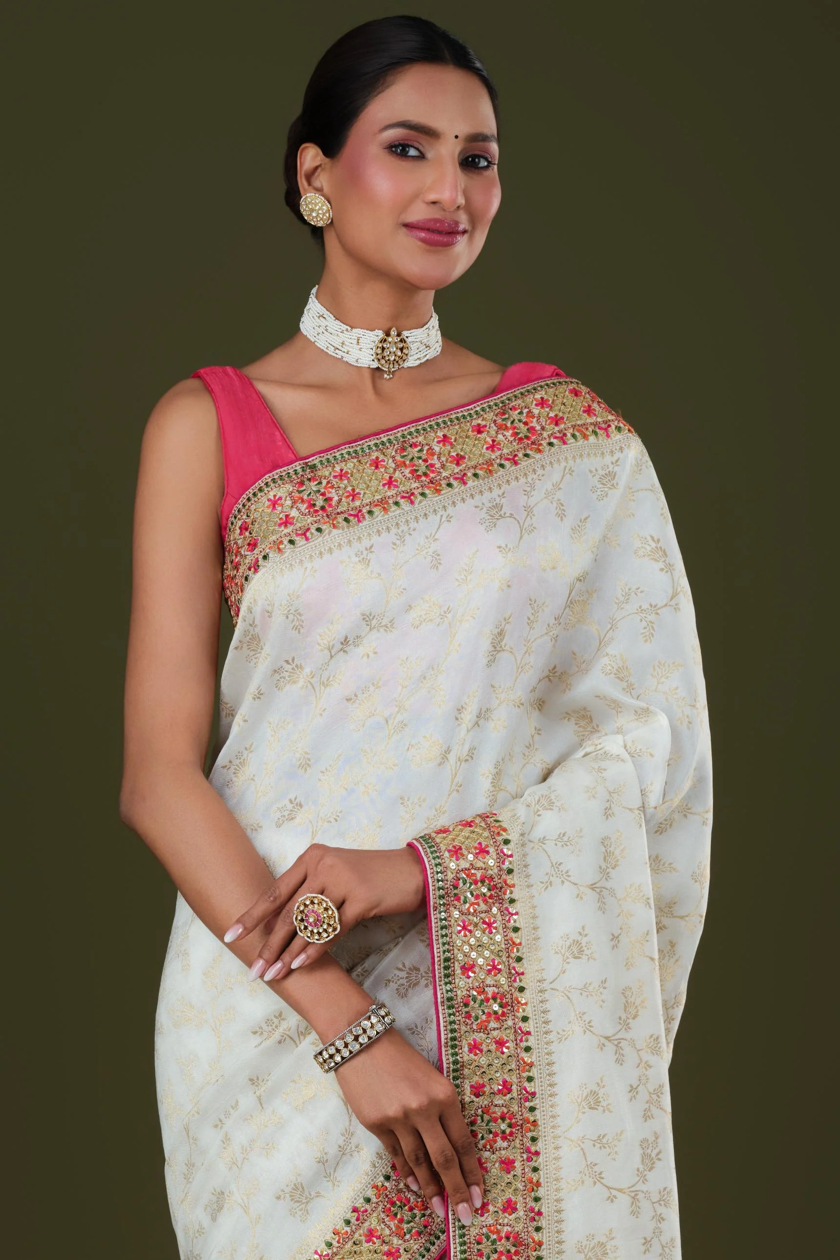 White Embroidered Banarasi Dola Silk Saree - Image 7