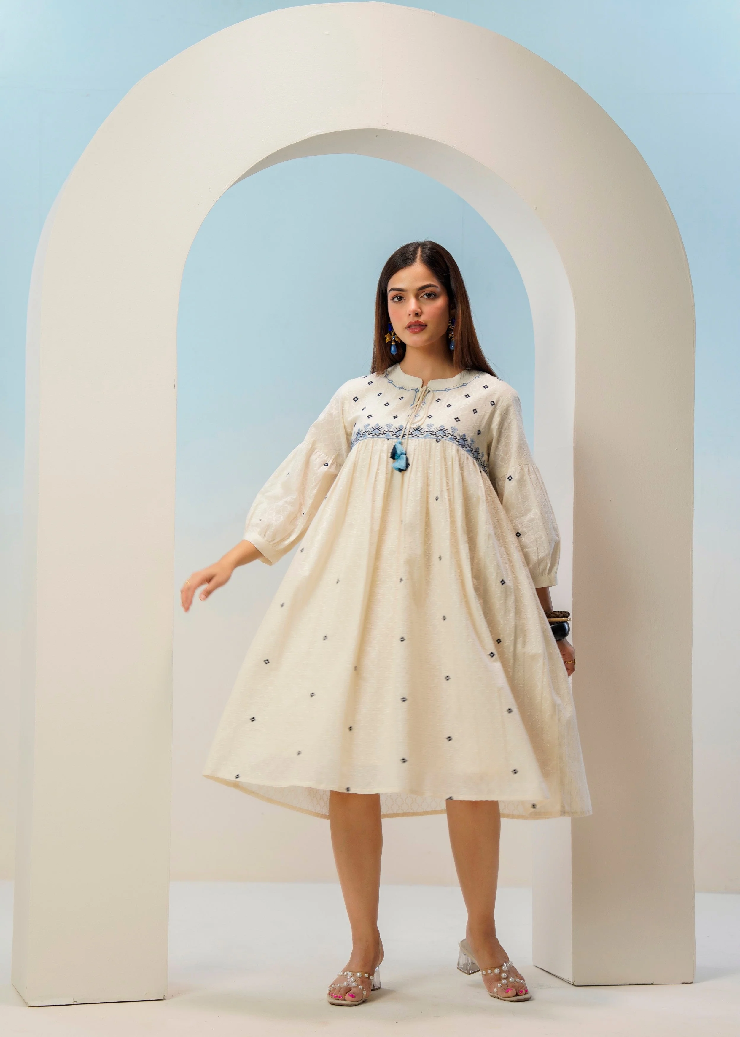 Off-White Floral Embroidered Cotton Dress - Image 3