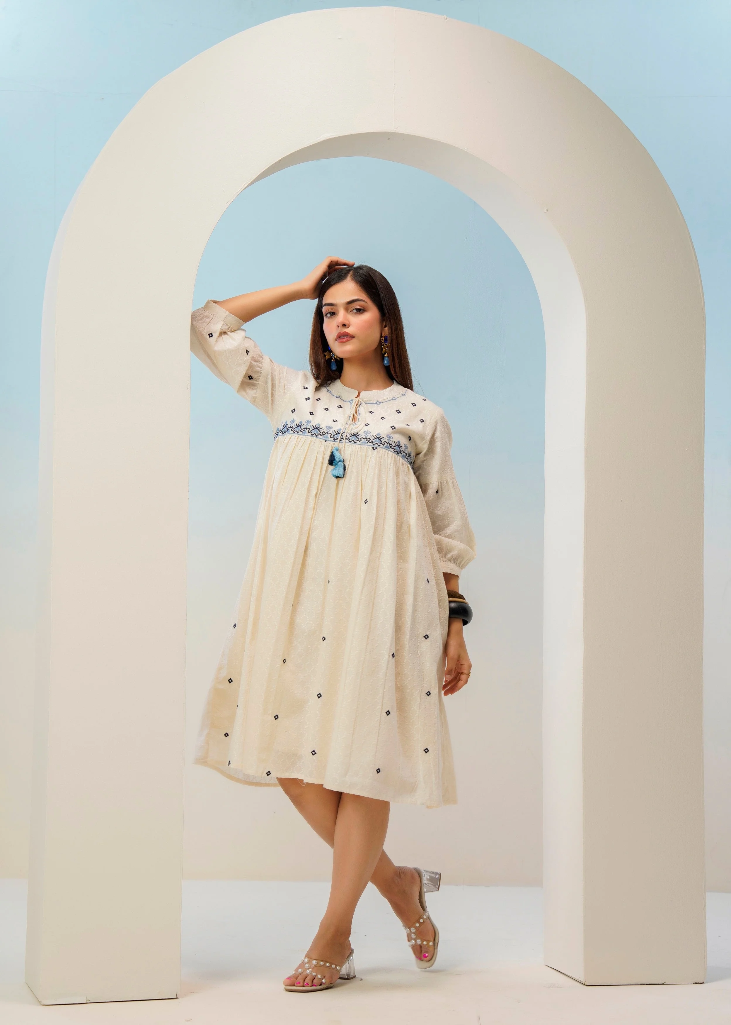 Off-White Floral Embroidered Cotton Dress - Image 4