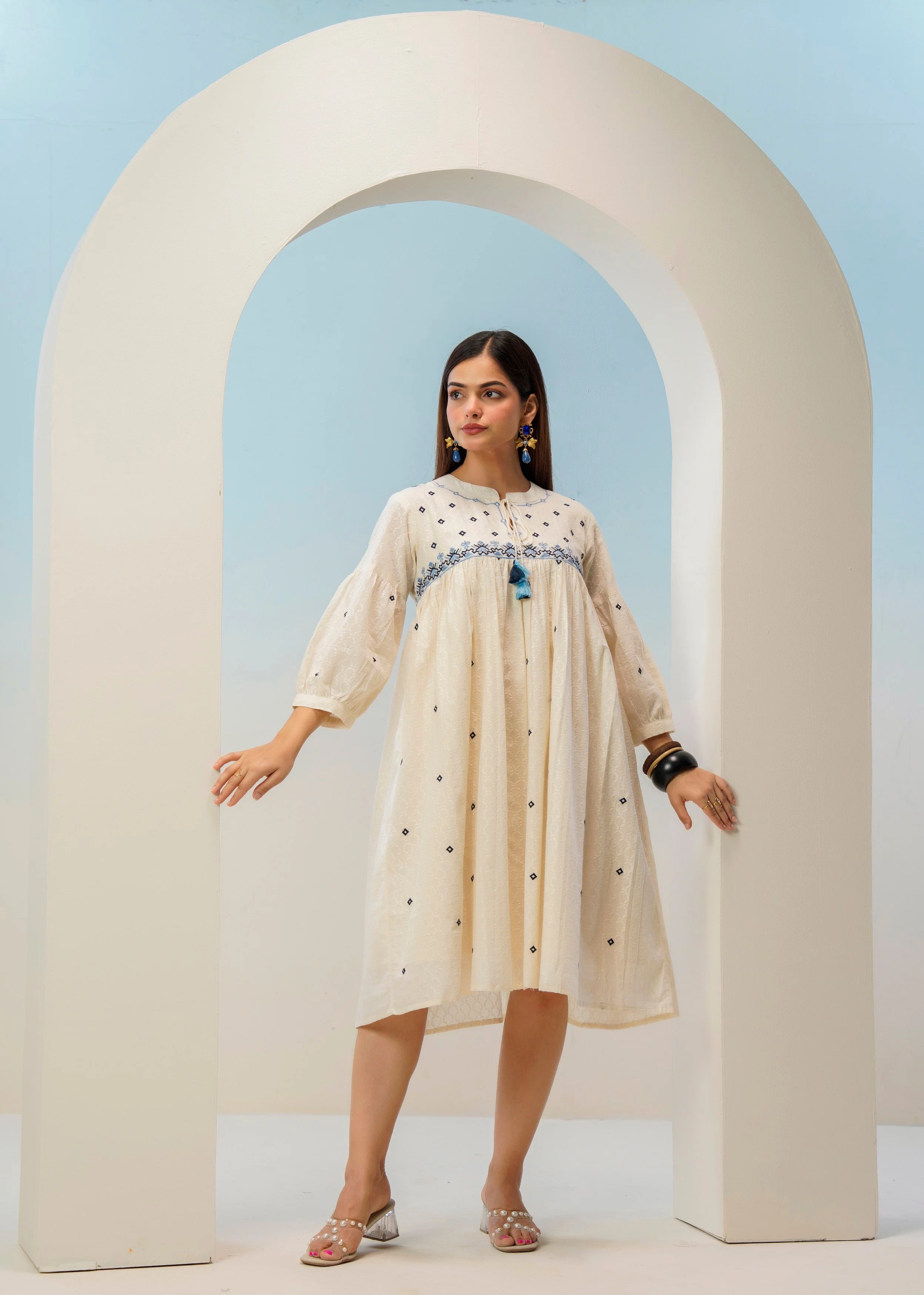 Off-White Floral Embroidered Cotton Dress - Image 5