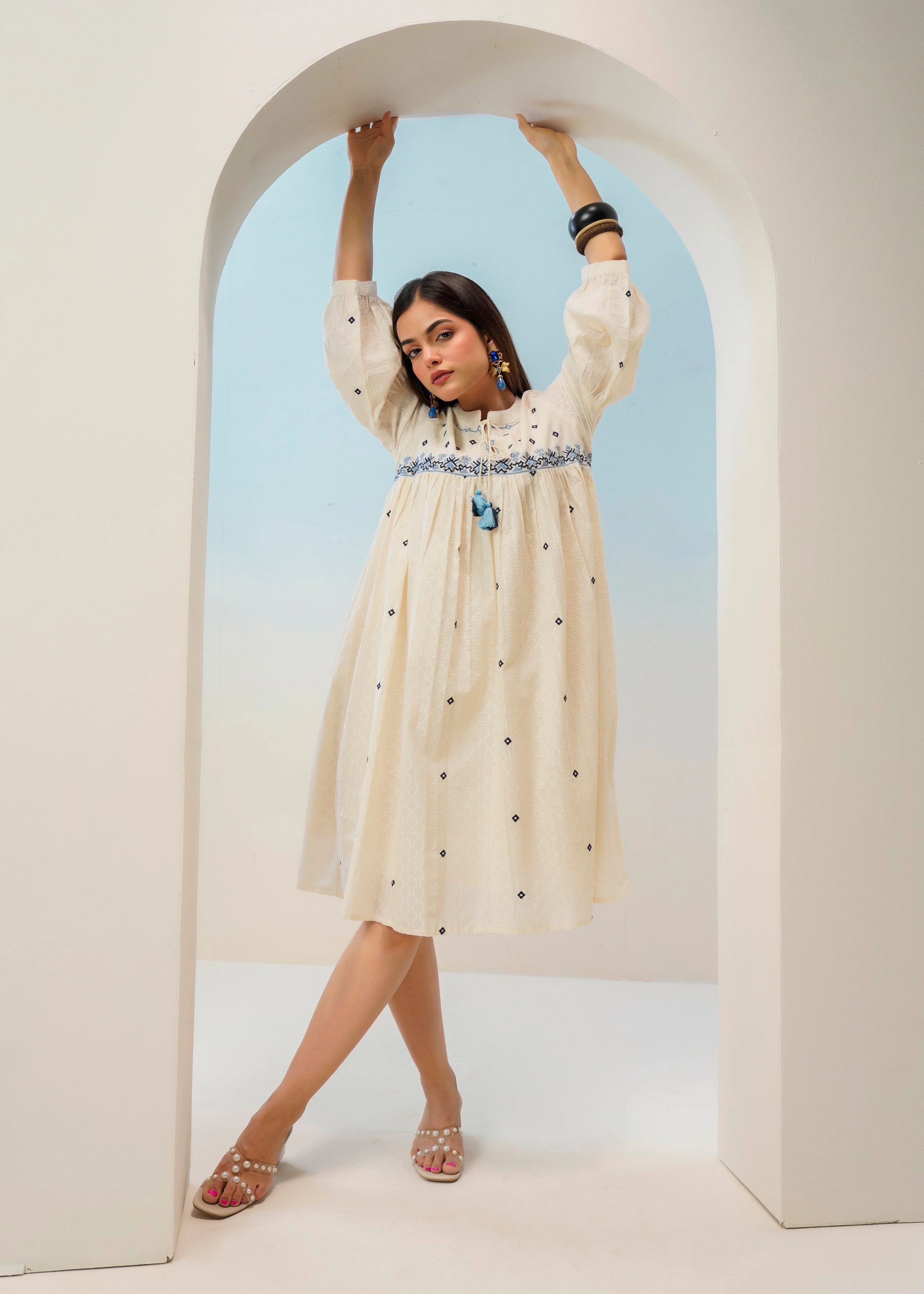 Off-White Floral Embroidered Cotton Dress - Image 6