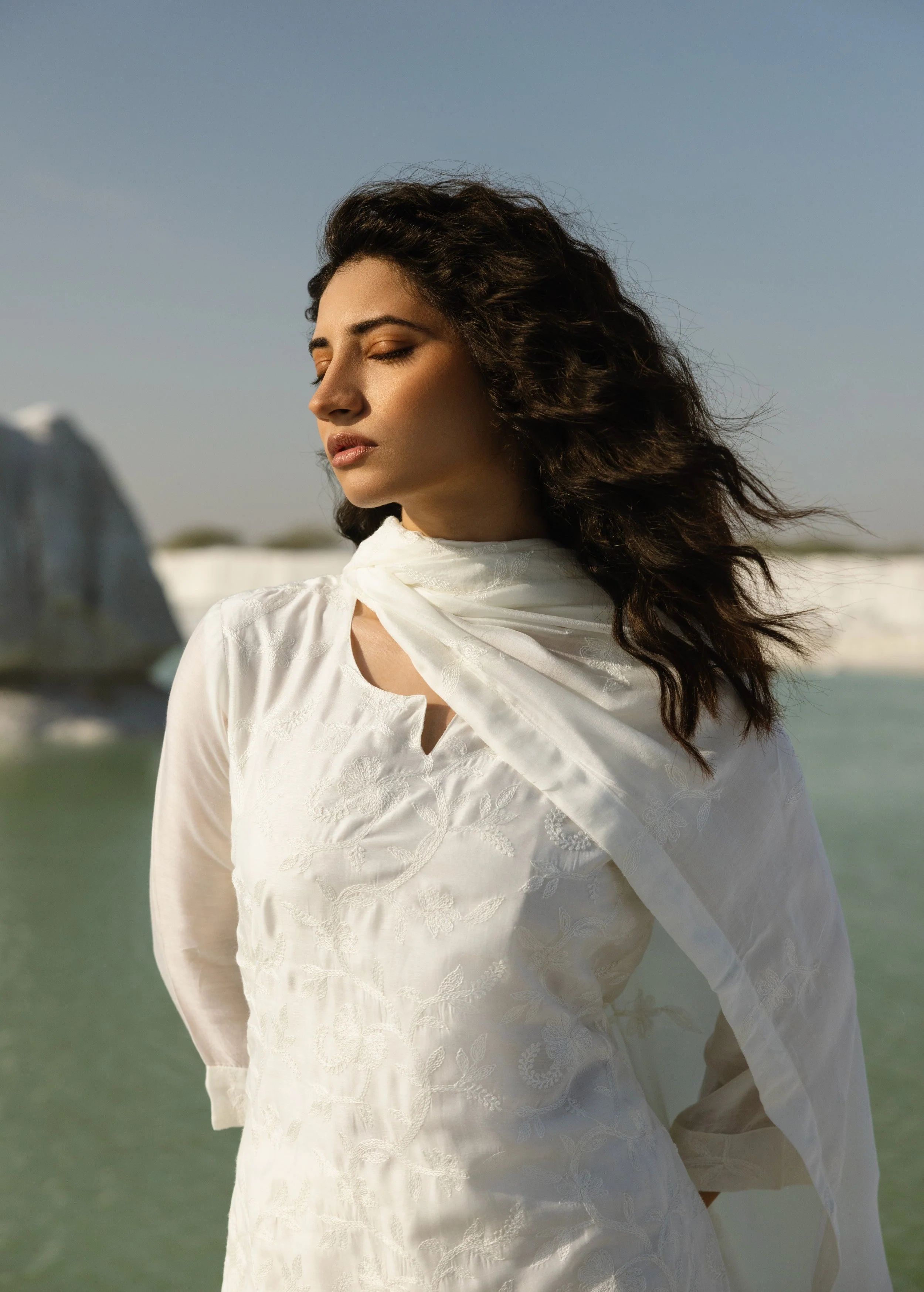 White Embroidered Mul-Chanderi Silk Pant Set - Image 2