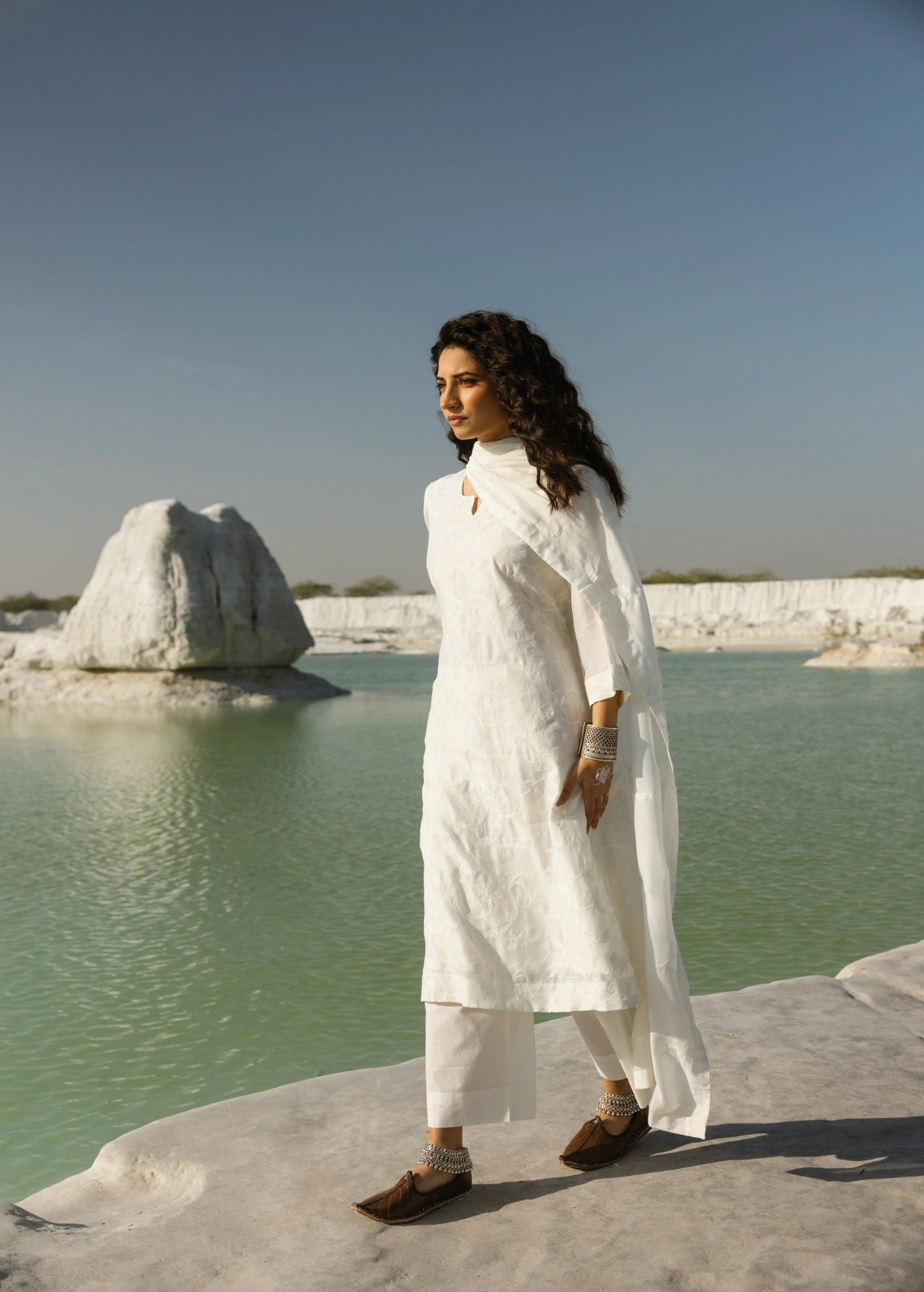 White Embroidered Mul-Chanderi Silk Pant Set - Image 3