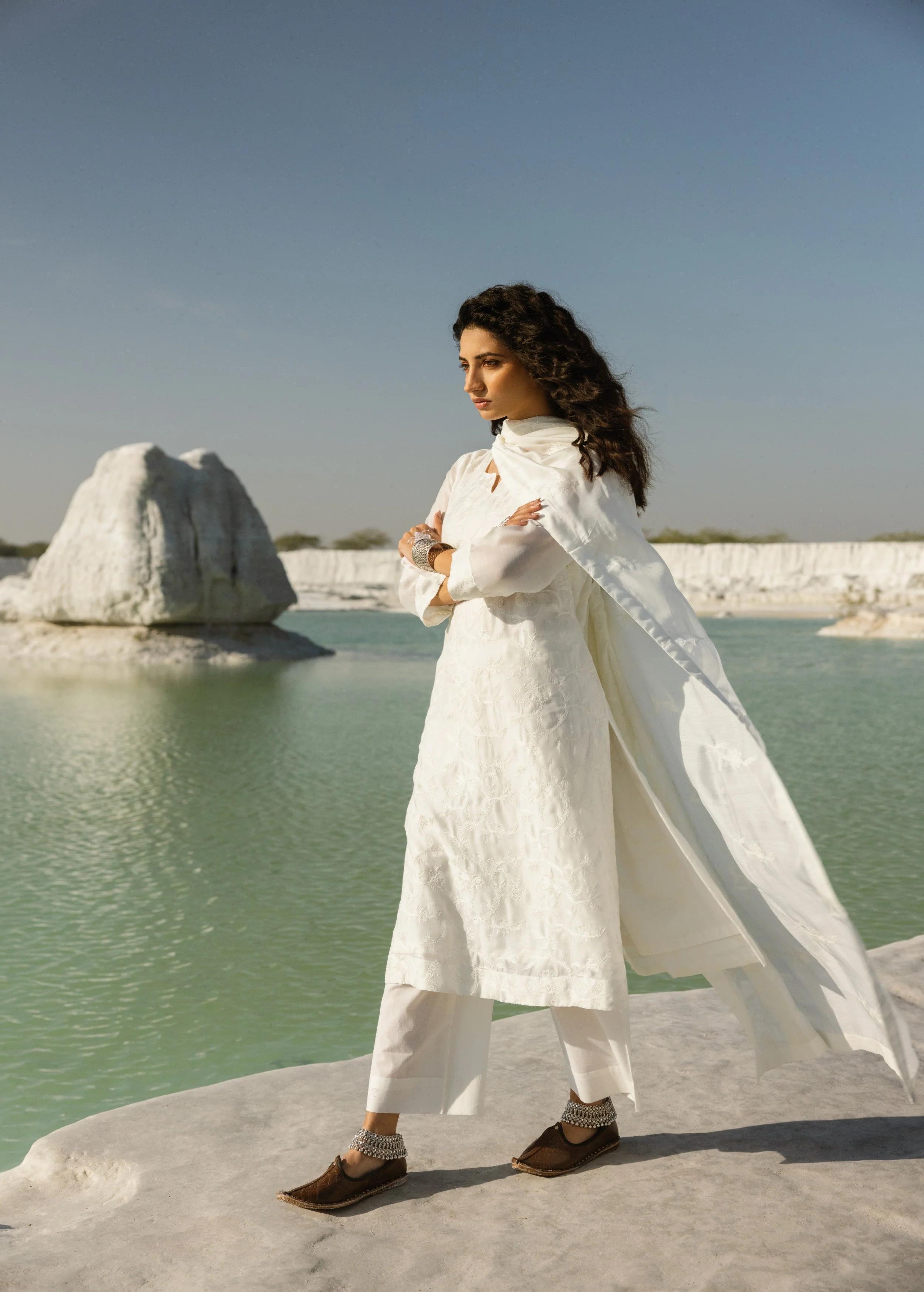 White Embroidered Mul-Chanderi Silk Pant Set - Image 5