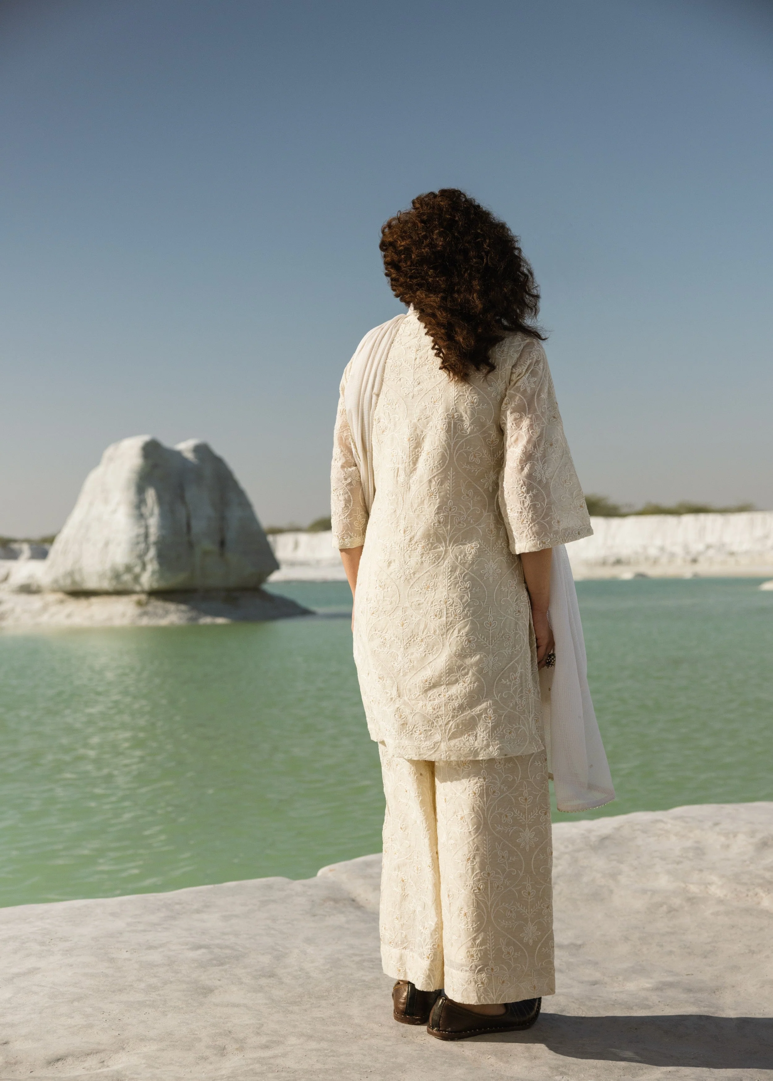 White Embroidered Mul-Chanderi Silk Pant Set - Image 6