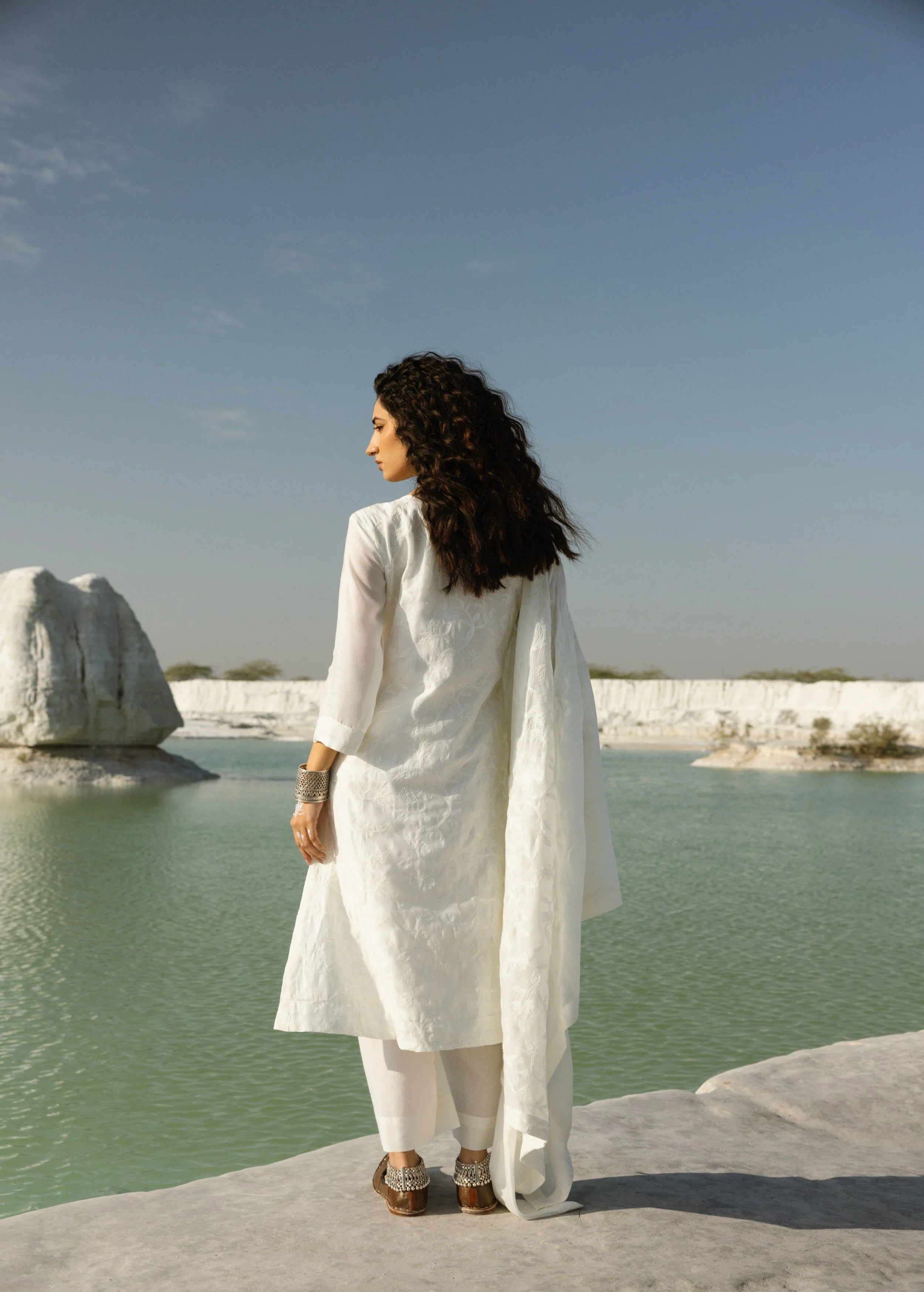 White Embroidered Mul-Chanderi Silk Pant Set - Image 7