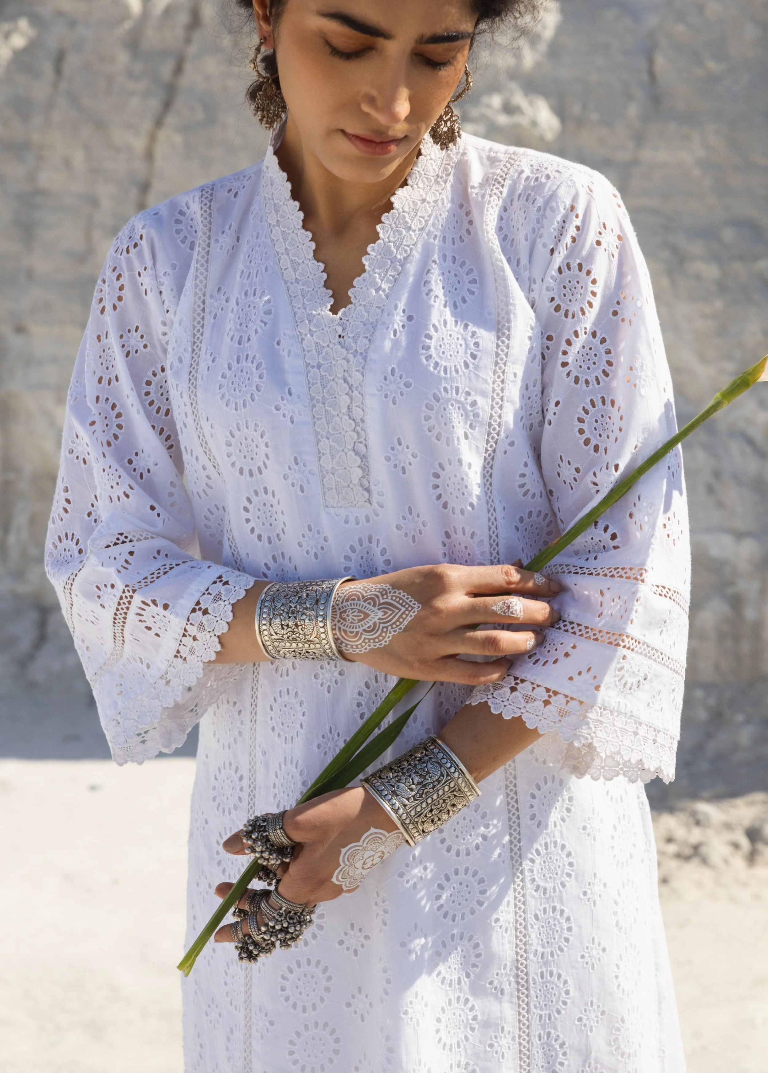 White Embroidered Organic Cotton Kurta Set - Image 2