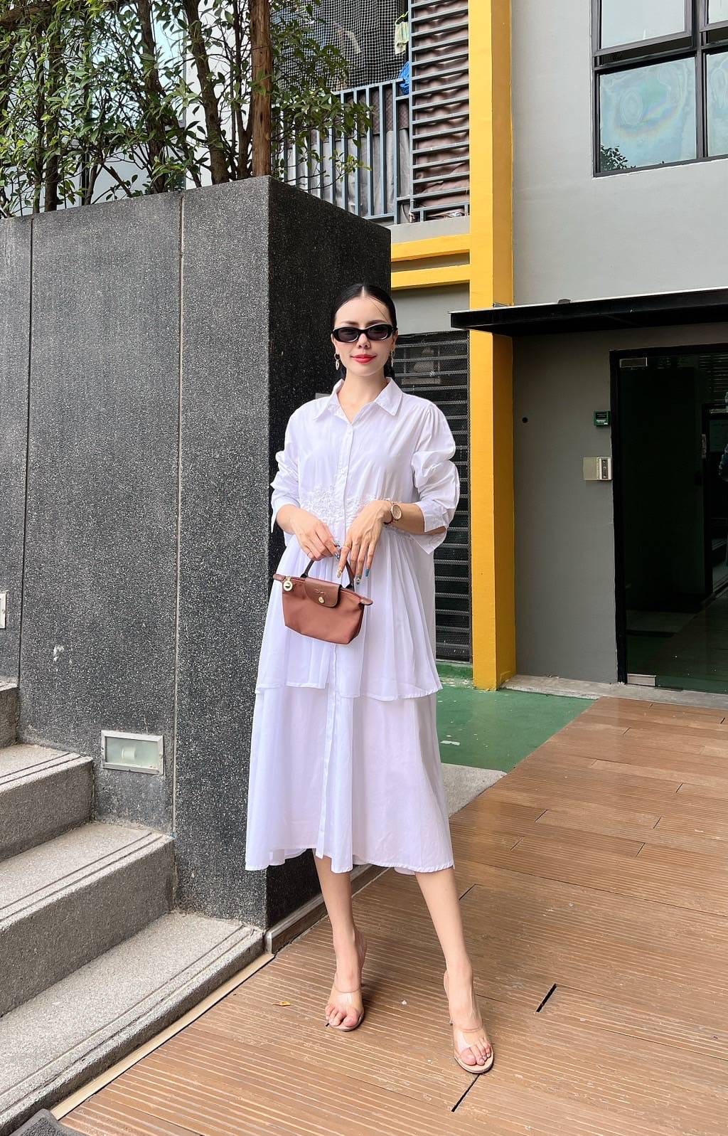 White Embroidered Two-Tier Cotton Shirt Dress - Image 2