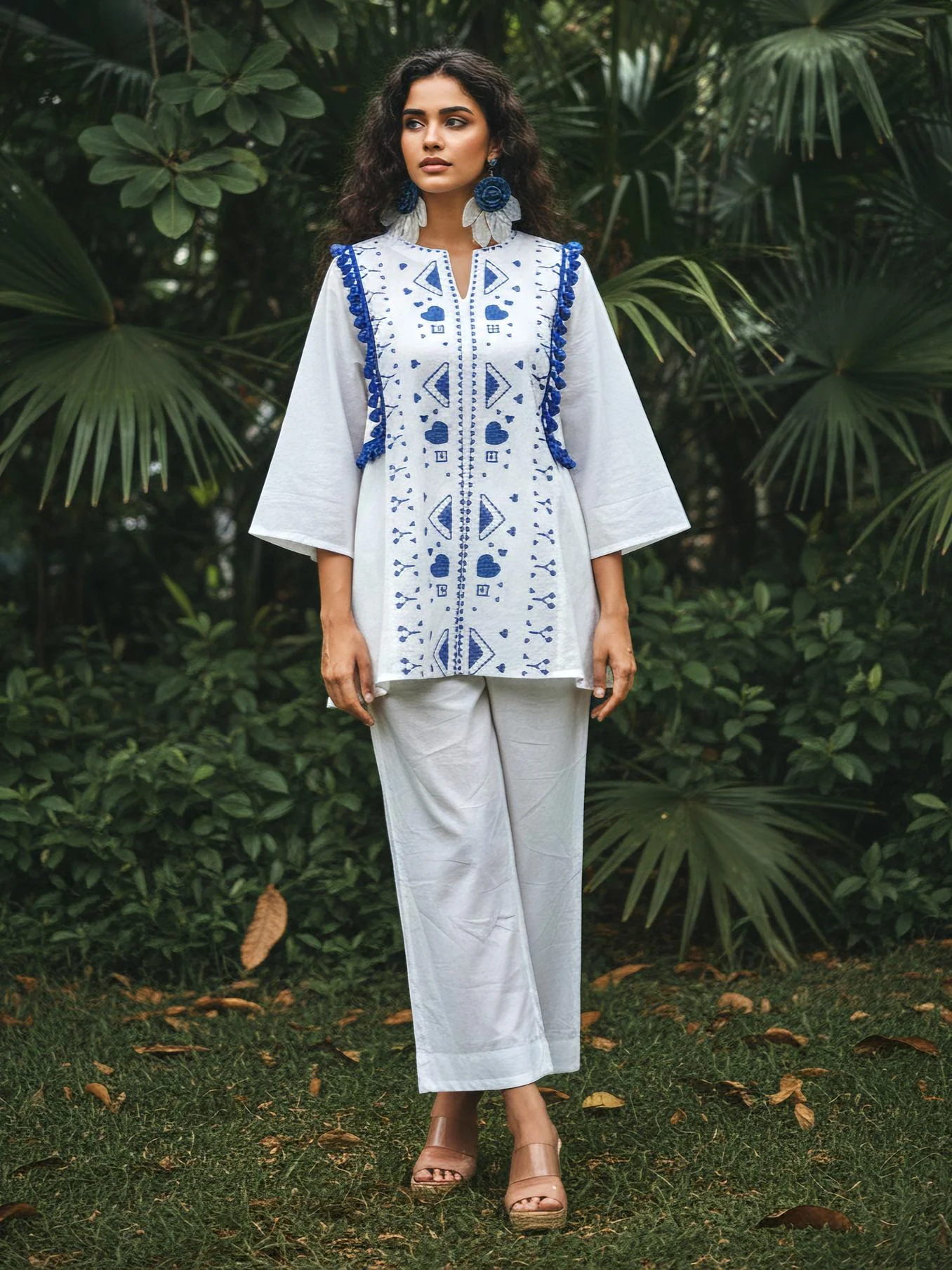 White & Blue Geometric Embroidered Cotton Co-Ord Set