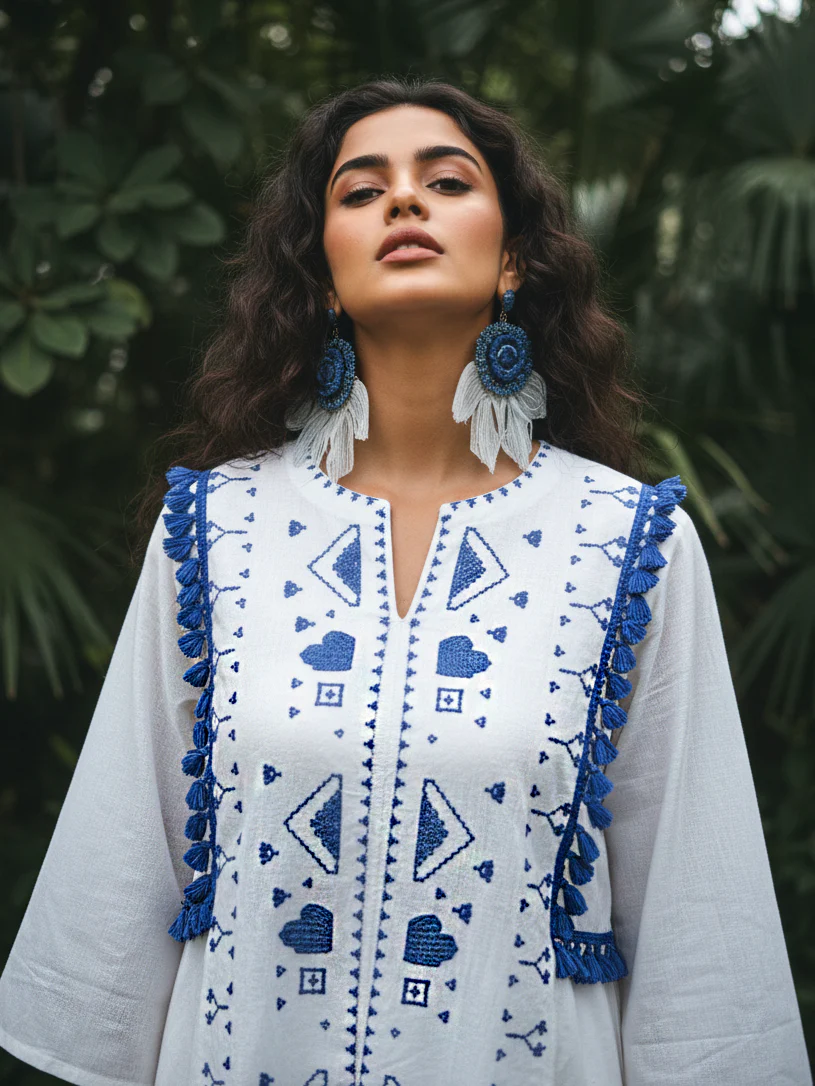 White & Blue Geometric Embroidered Cotton Co-Ord Set - Image 2