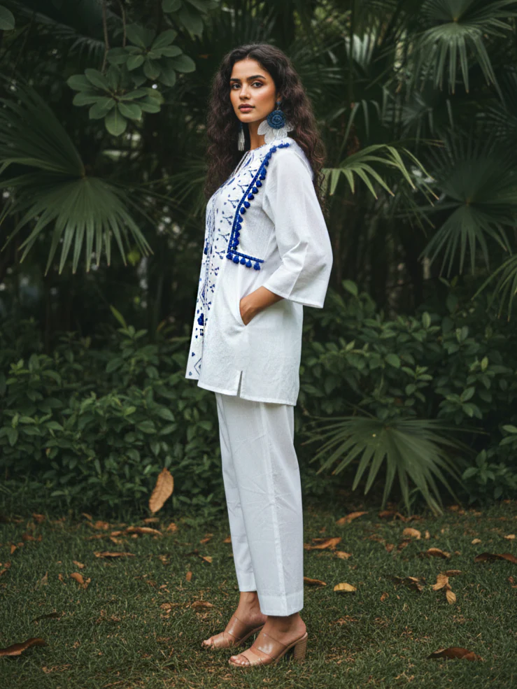 White & Blue Geometric Embroidered Cotton Co-Ord Set - Image 3