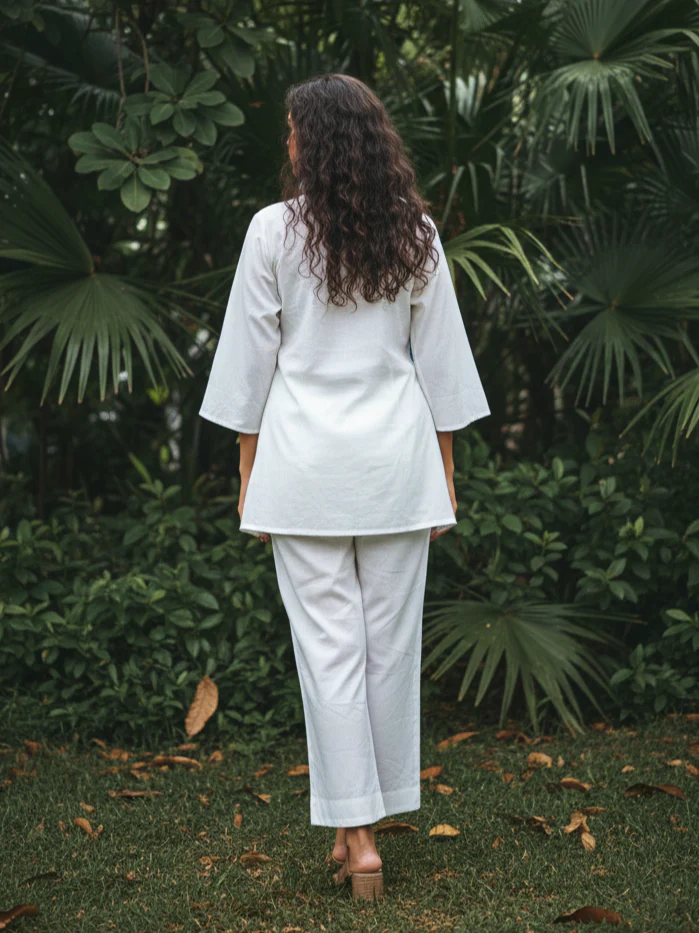 White & Blue Geometric Embroidered Cotton Co-Ord Set - Image 4