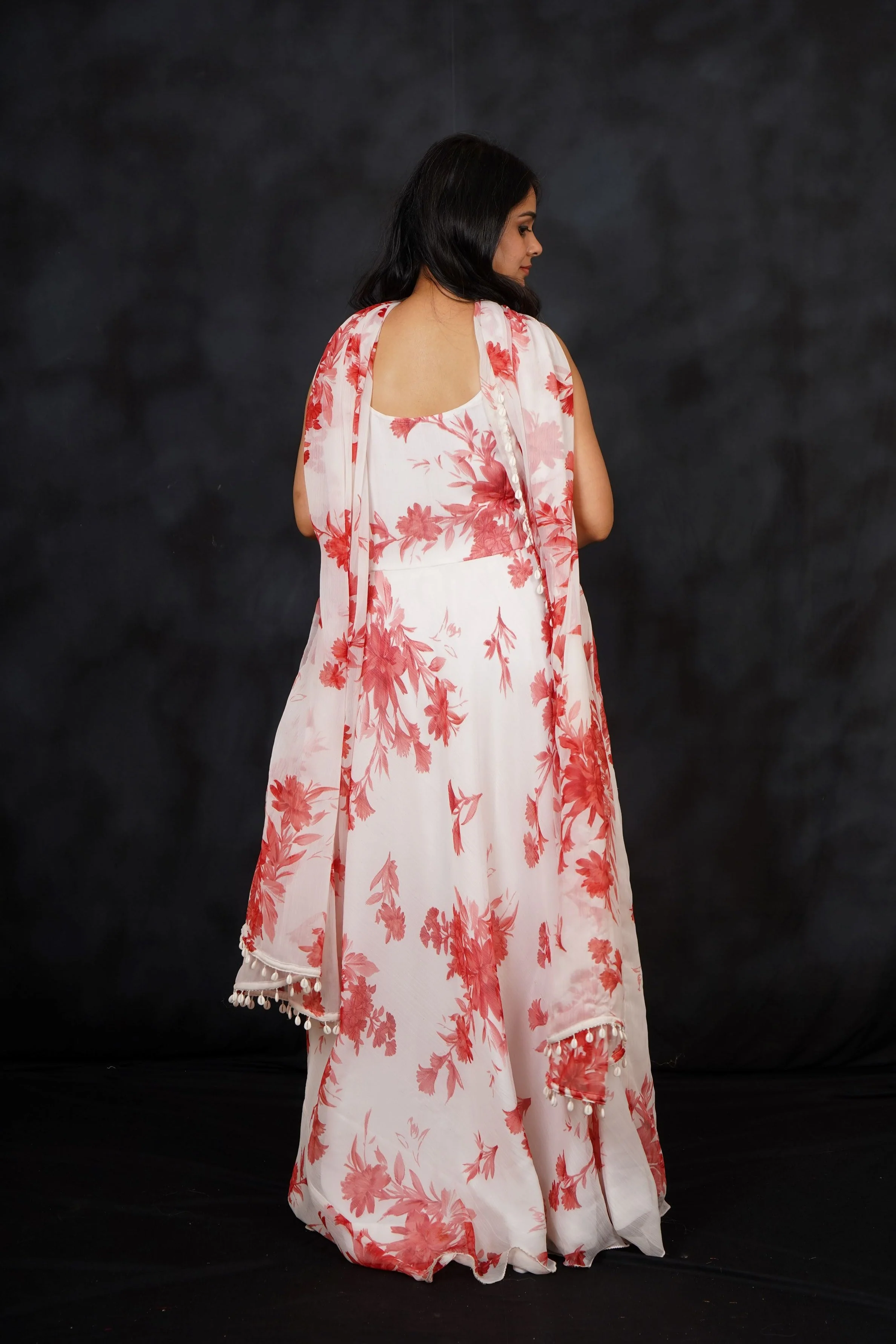 White Floral Printed Premium Chiffon Silk Anarkali Set - Image 3