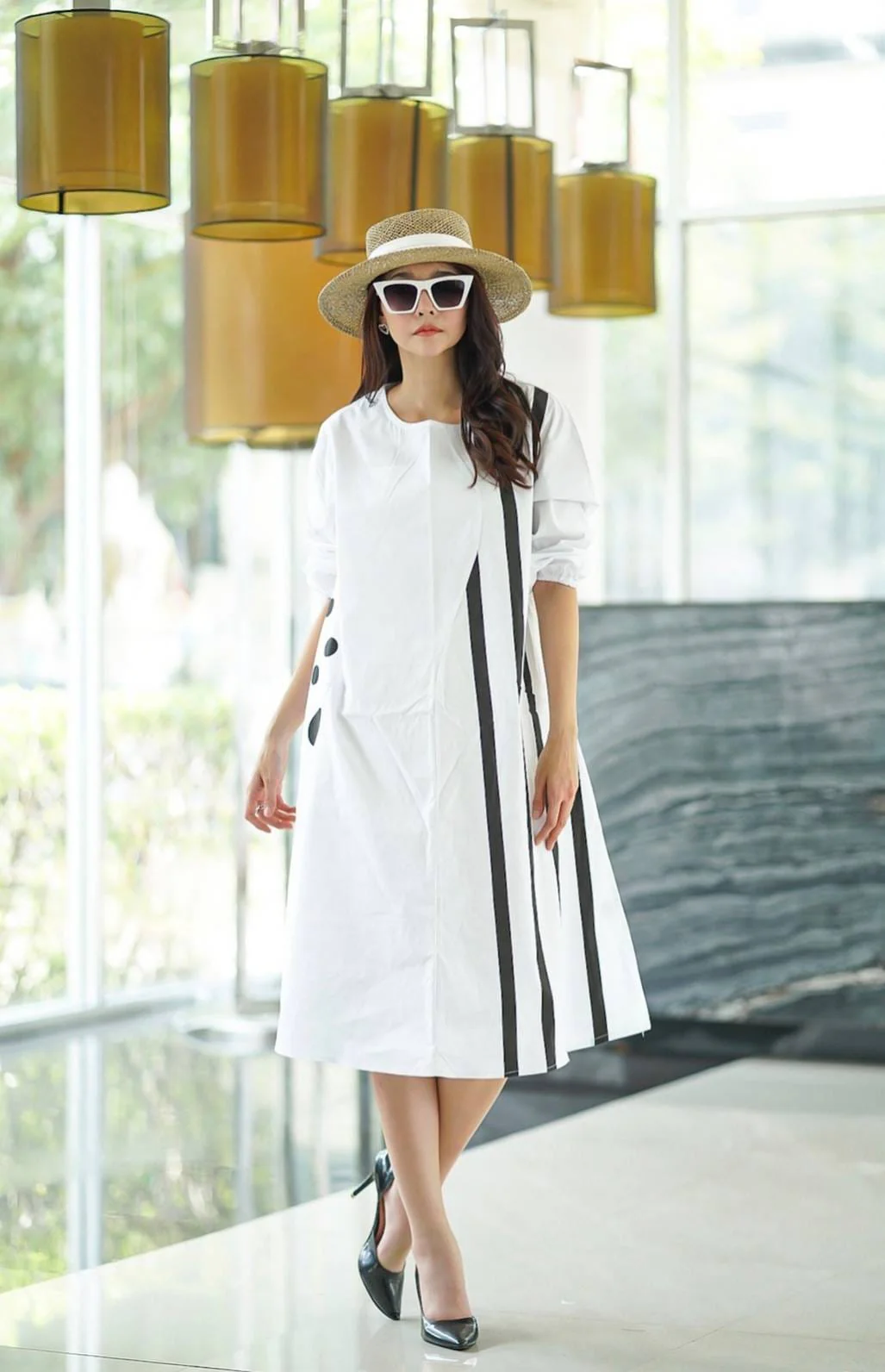 White and Black Geometric Printed Cotton Dress - Image 3