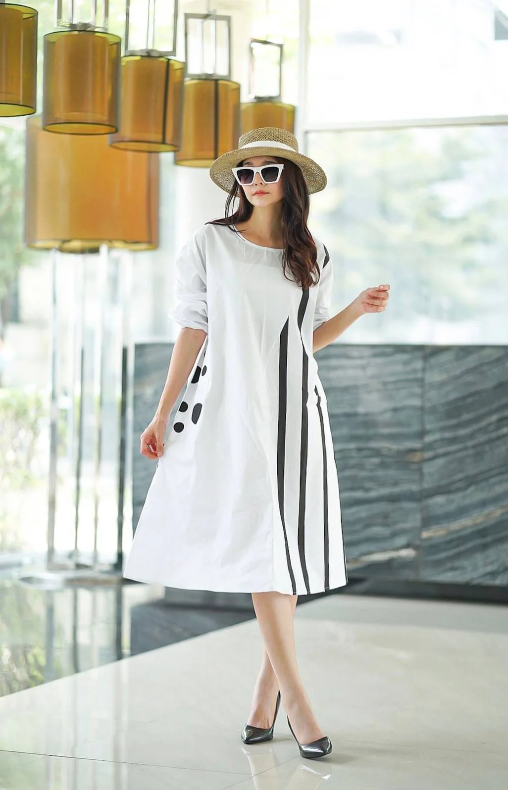 White and Black Geometric Printed Cotton Dress - Image 4
