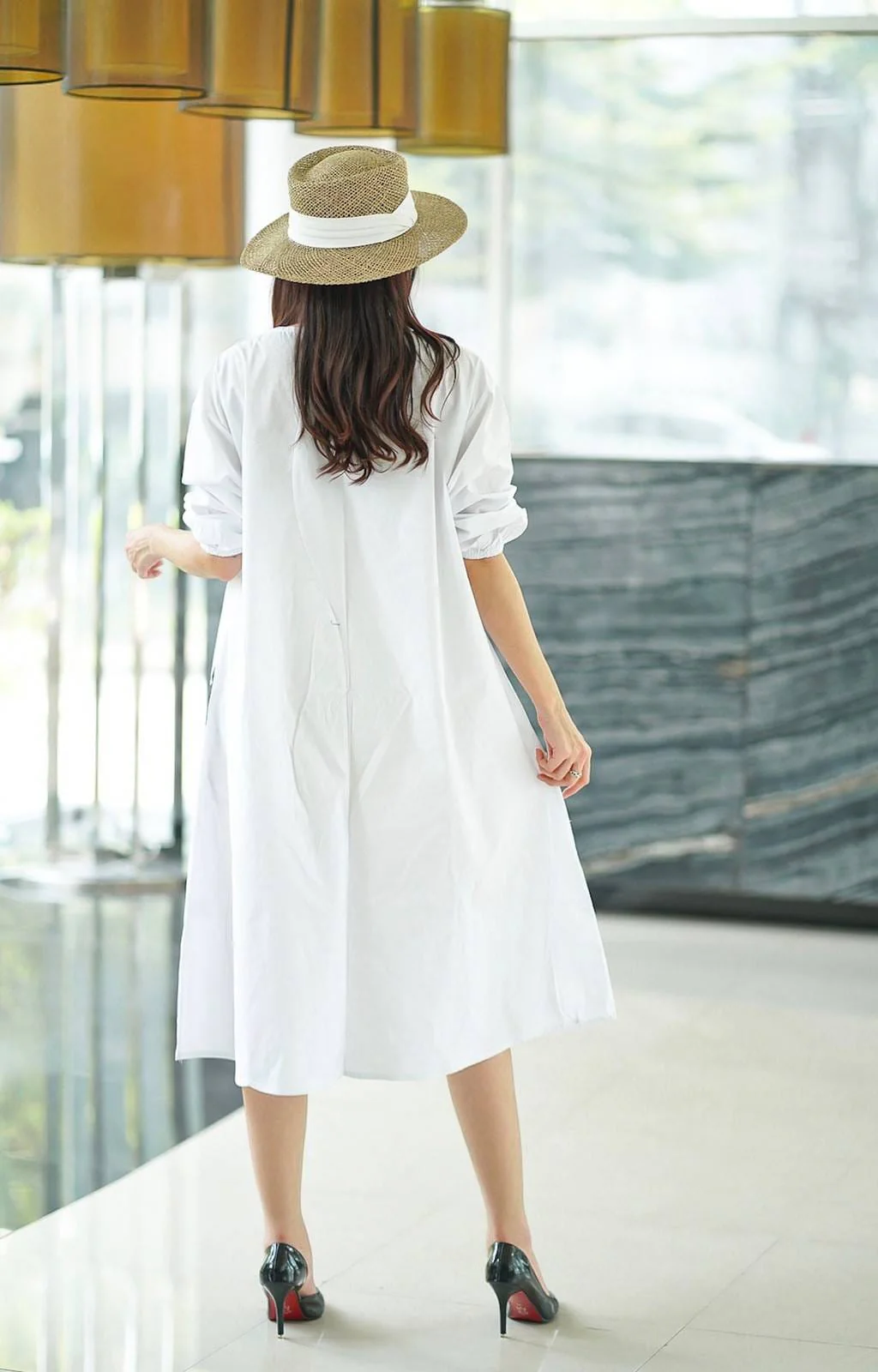 White and Black Geometric Printed Cotton Dress - Image 5