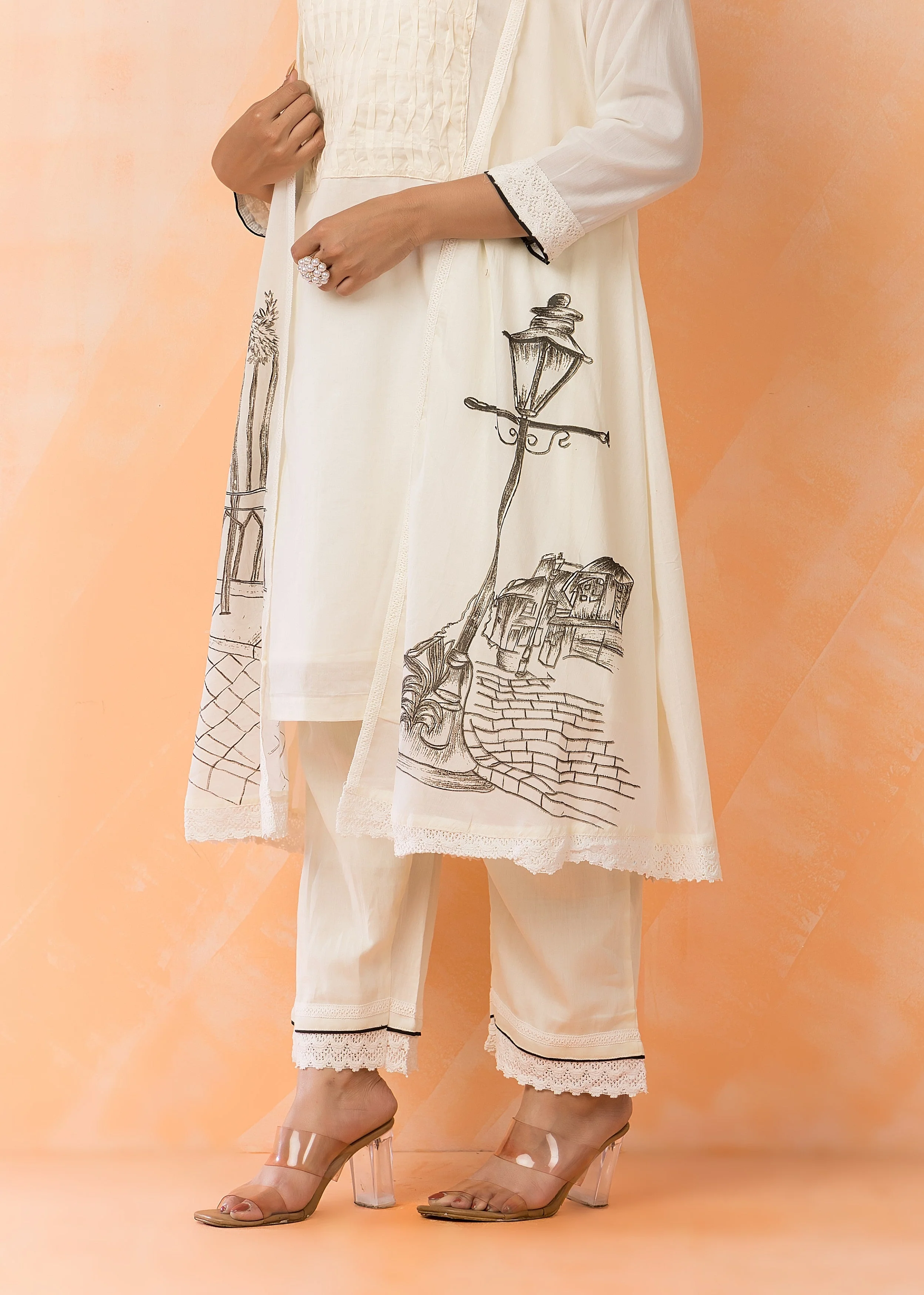 White Printed Mul Chanderi Pant Set - Image 2